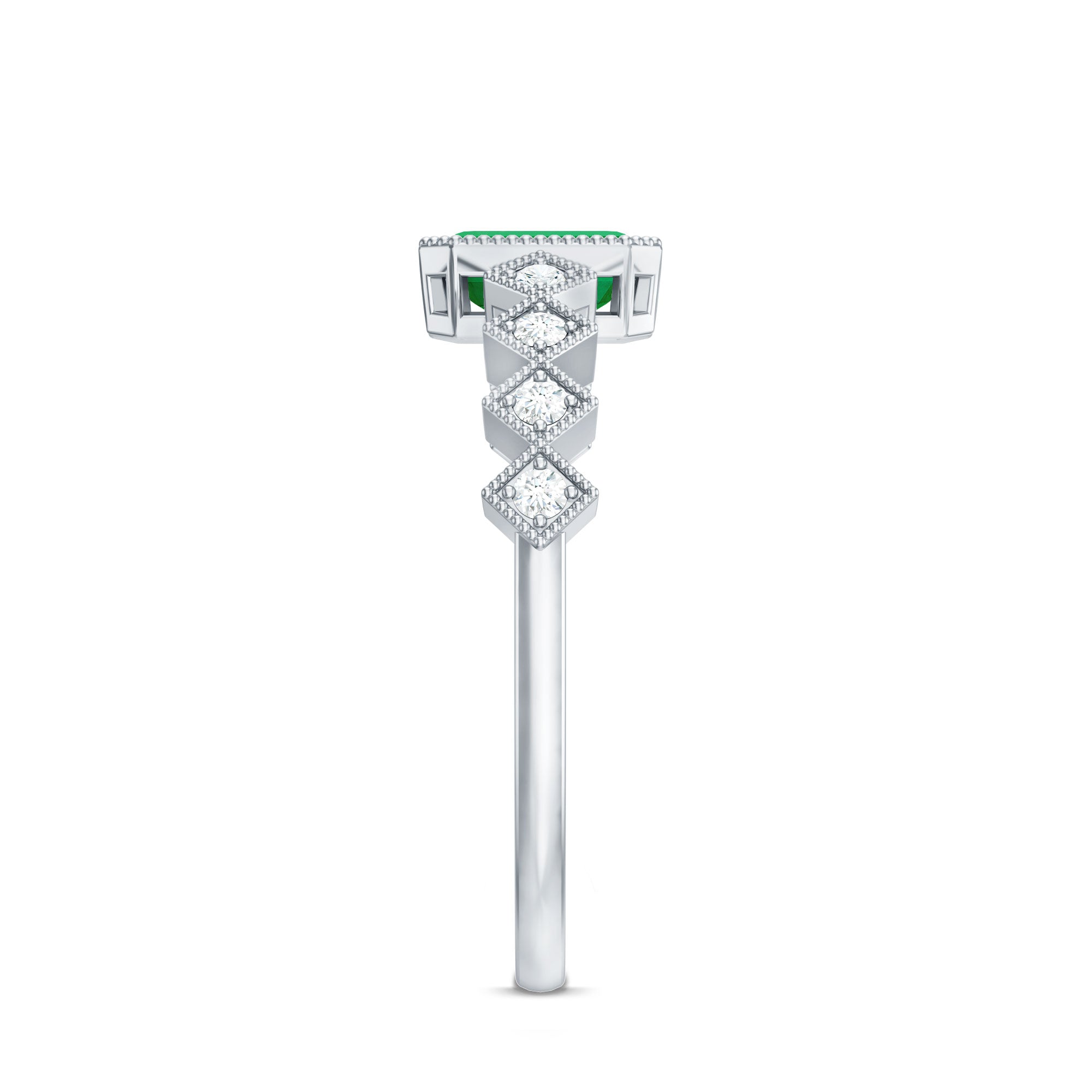 Rosec Jewels-Vintage Looking Emerald Cut Emerald Engagement Ring with Diamond