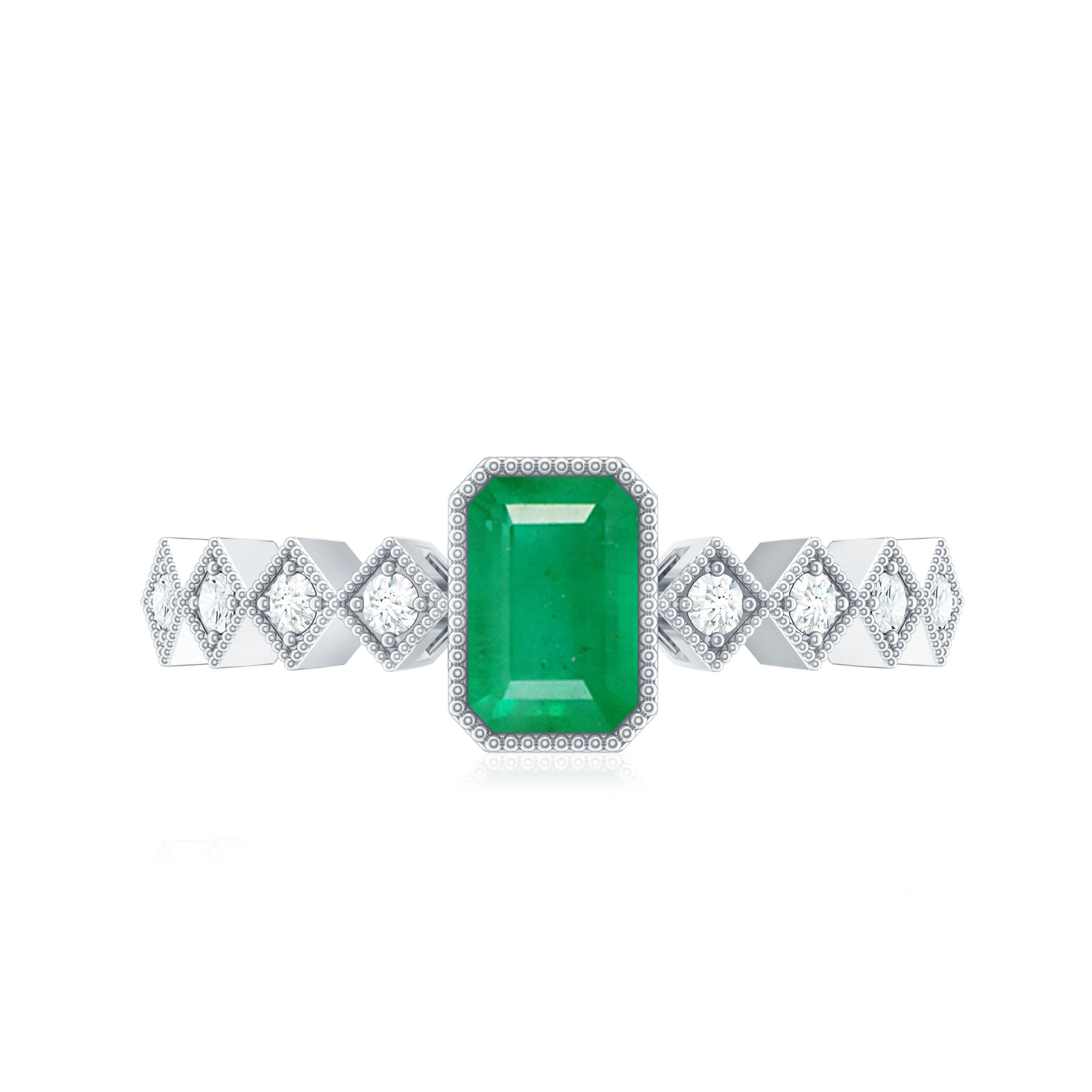 Rosec Jewels-Vintage Looking Emerald Cut Emerald Engagement Ring with Diamond