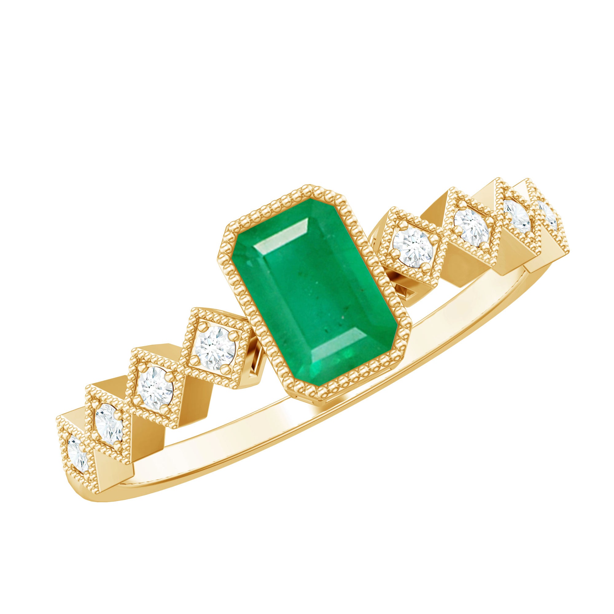 Rosec Jewels-Vintage Looking Emerald Cut Emerald Engagement Ring with Diamond