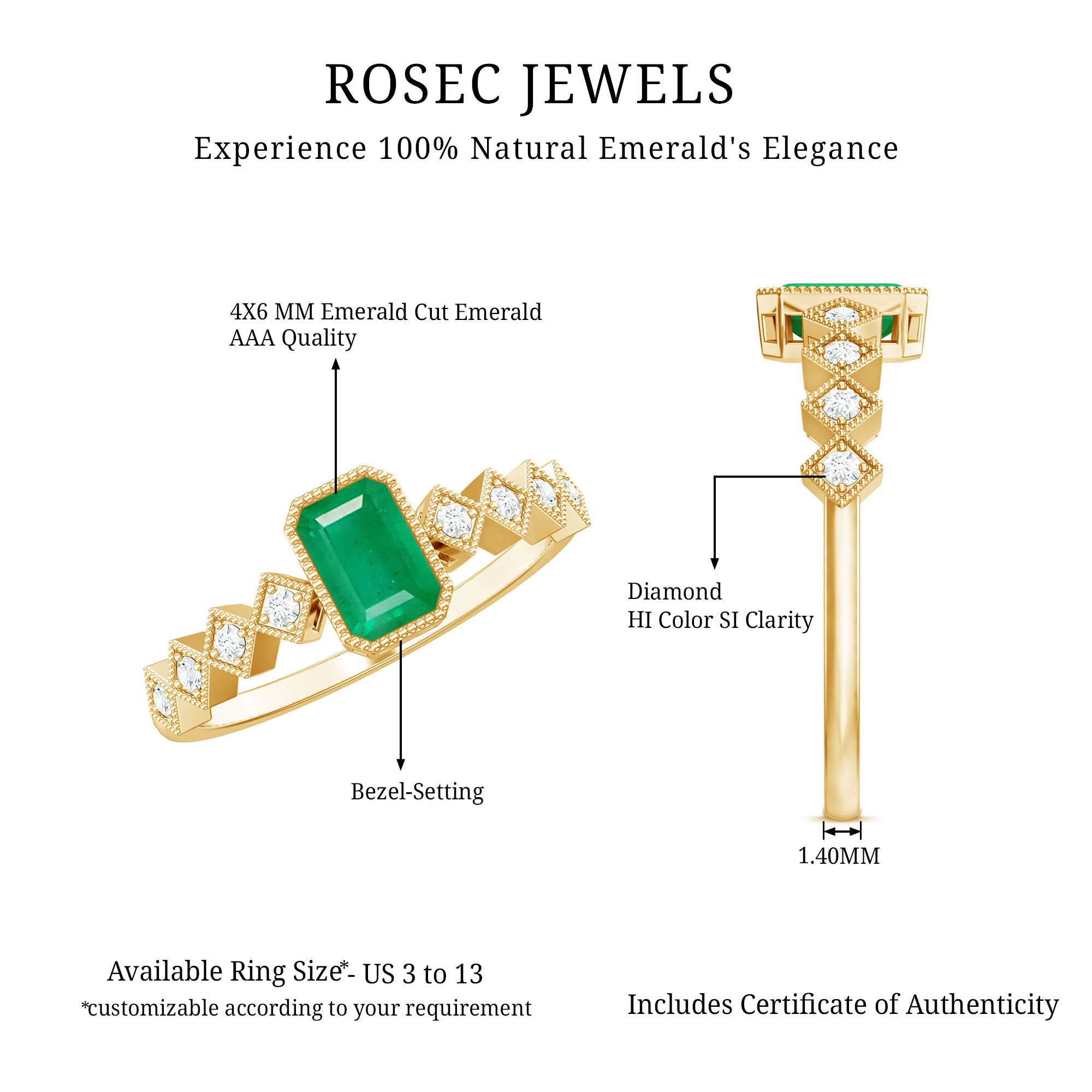 Rosec Jewels-Vintage Looking Emerald Cut Emerald Engagement Ring with Diamond