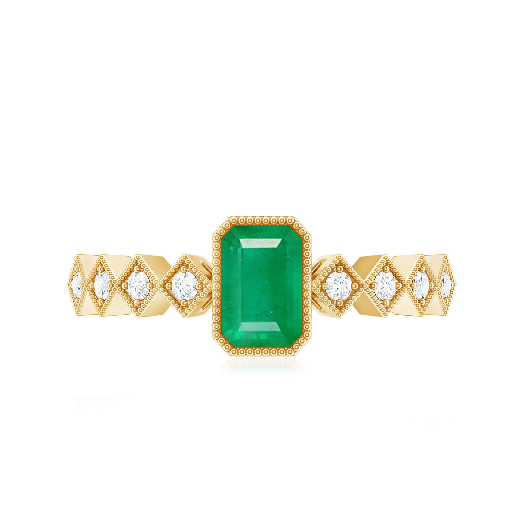 Rosec Jewels-Vintage Looking Emerald Cut Emerald Engagement Ring with Diamond