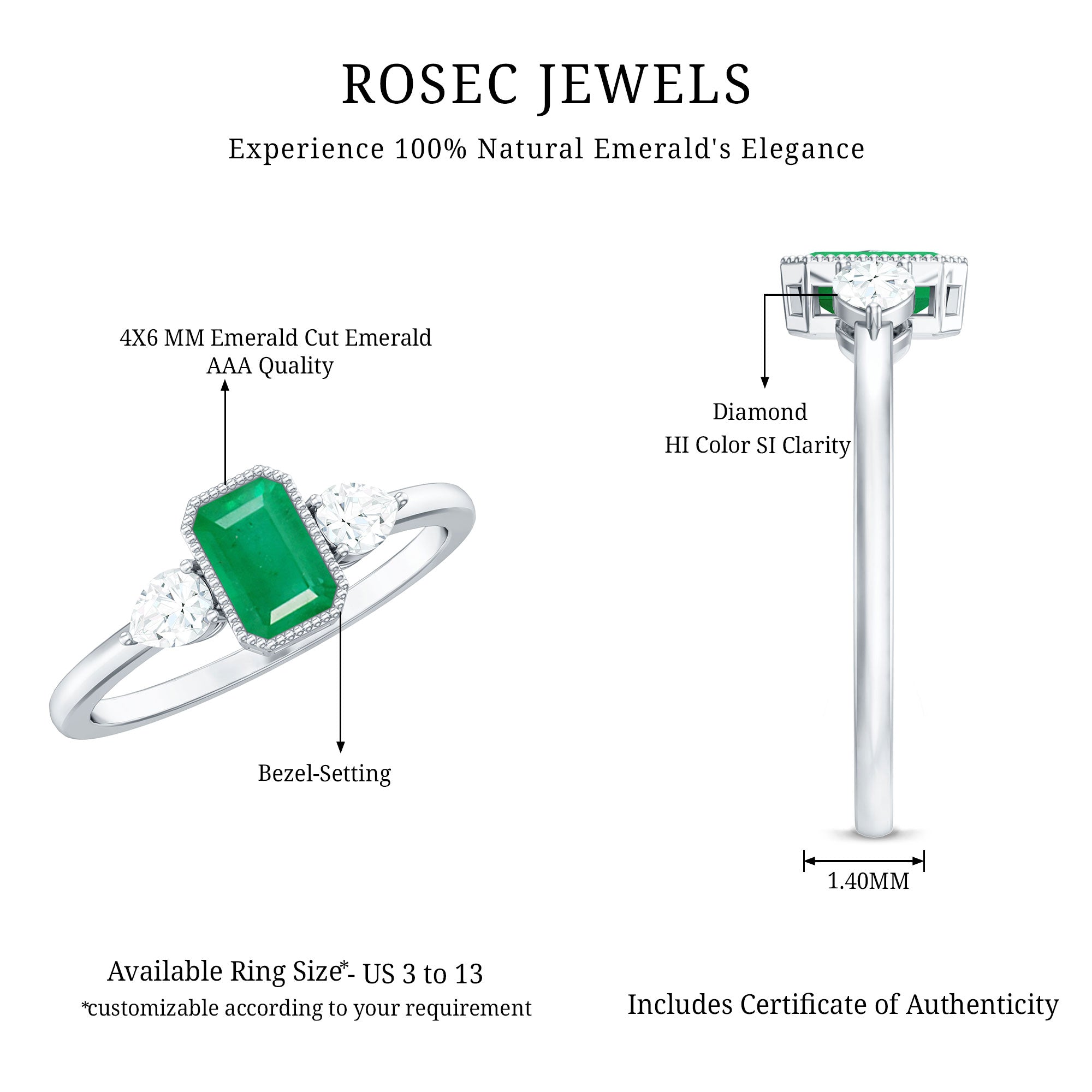 Rosec Jewels-Emerald 3  Stone Ring with Diamond