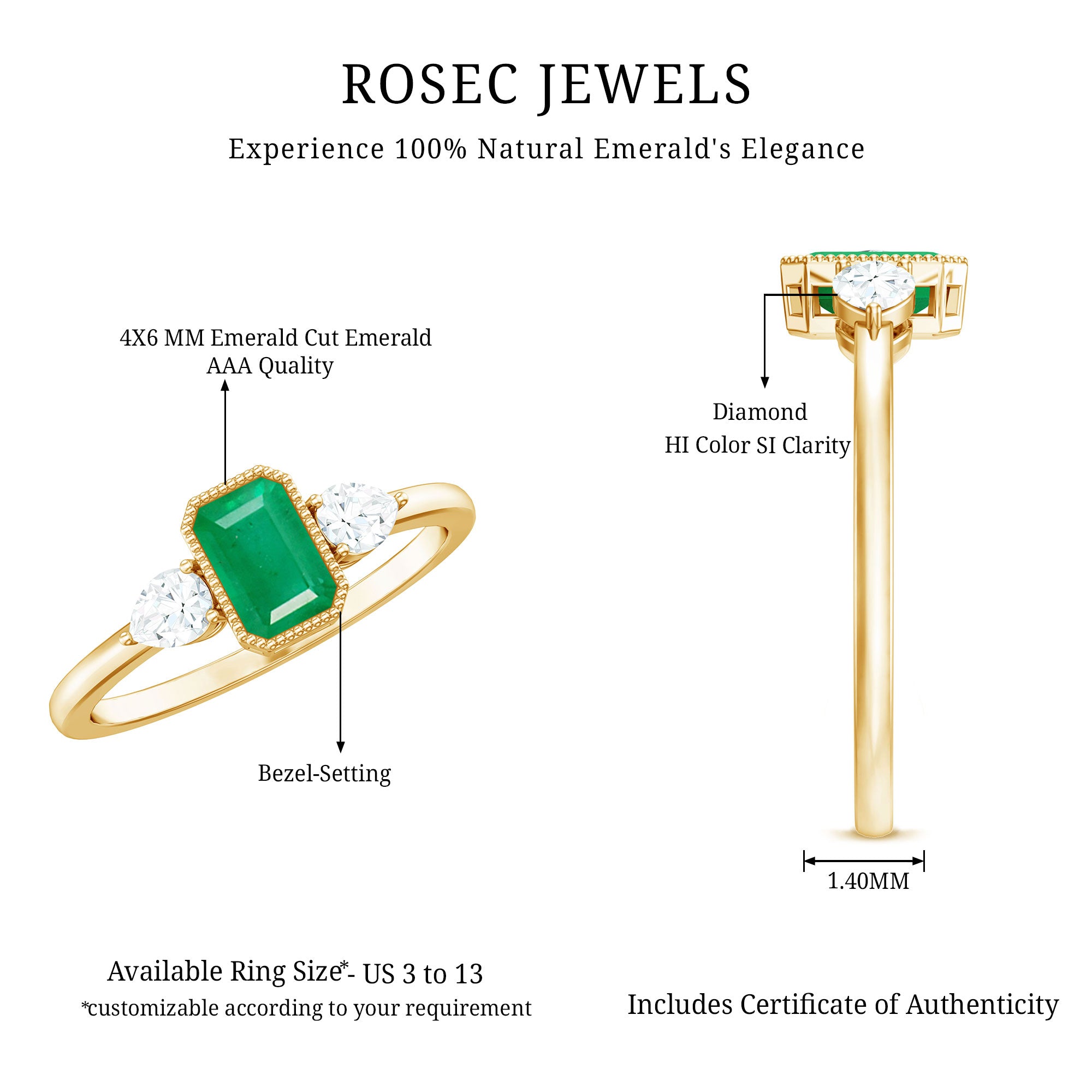 Rosec Jewels-Emerald 3  Stone Ring with Diamond