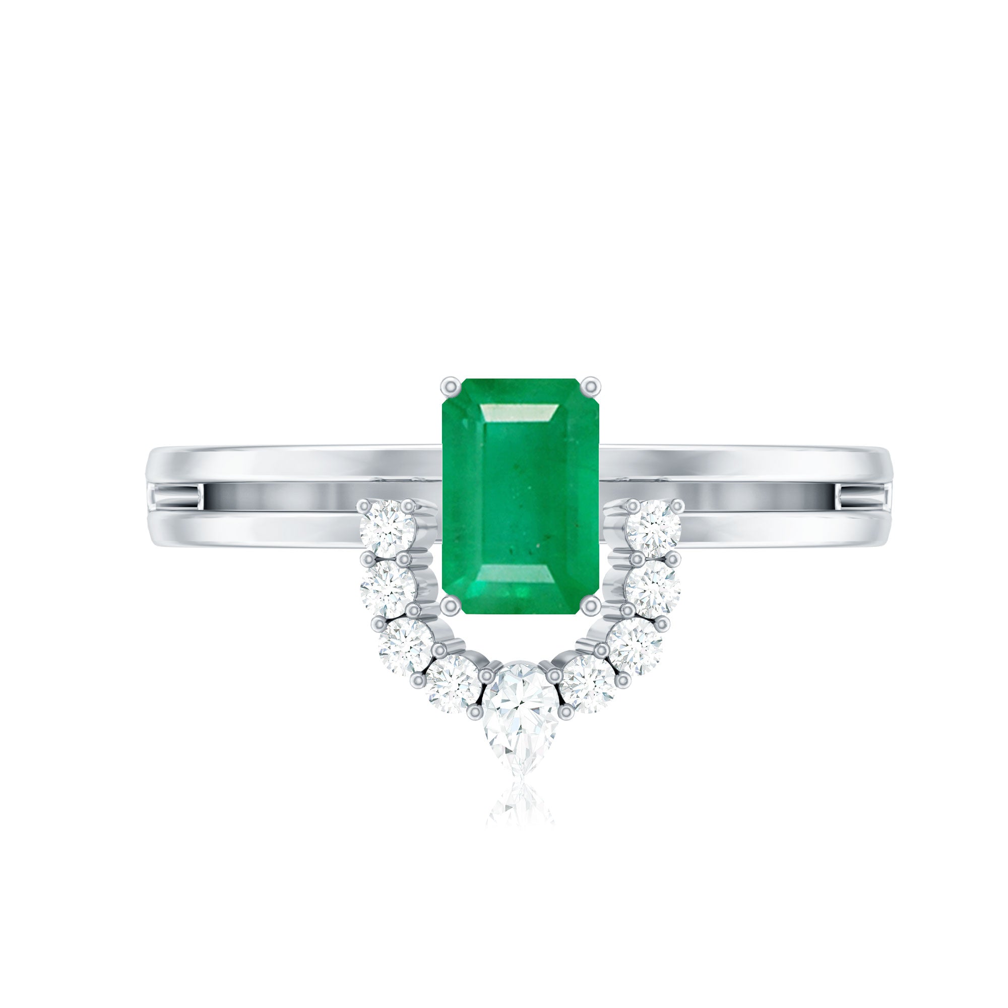 Natural Emerald Cut Emerald Double Band Engagement Ring with Diamond AAA - Rosec Jewels
