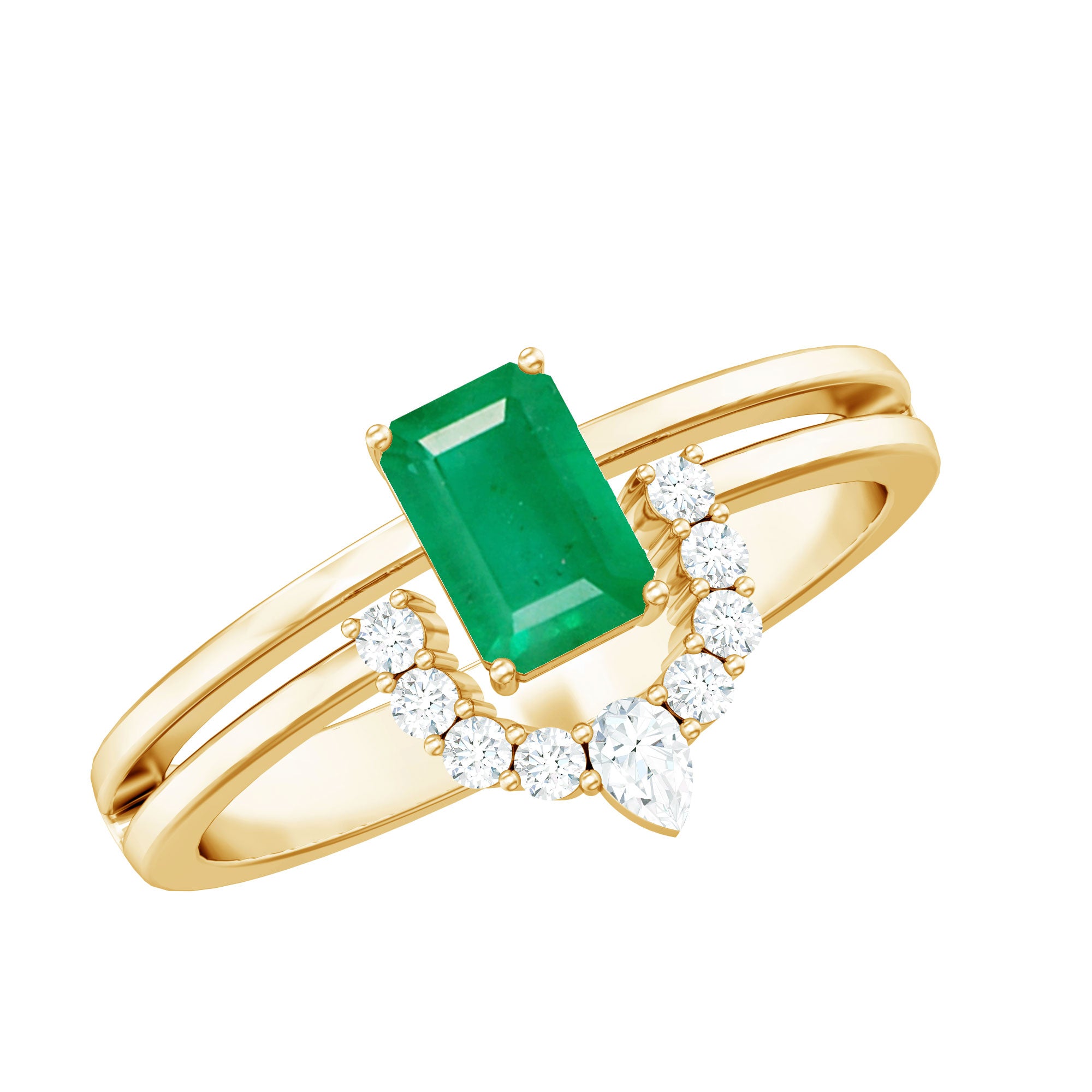 Natural Emerald Cut Emerald Double Band Engagement Ring with Diamond AAA - Rosec Jewels