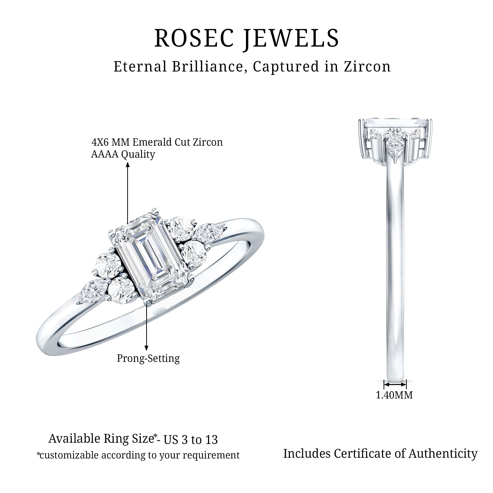 1 CT Octagon Cut Cubic Zirconia Engagement Ring with Trio AAAA - Rosec Jewels