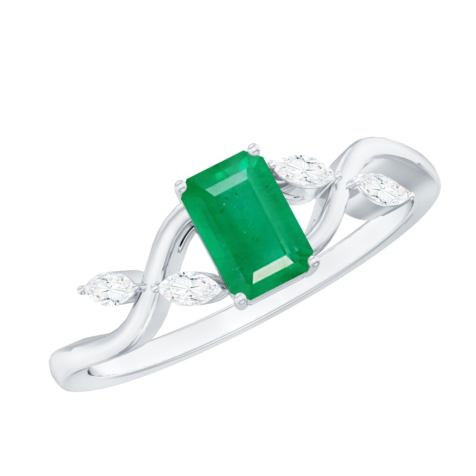 Rosec Jewels-Natural Emerald Cut Emerald Designer Engagement Ring with Diamond