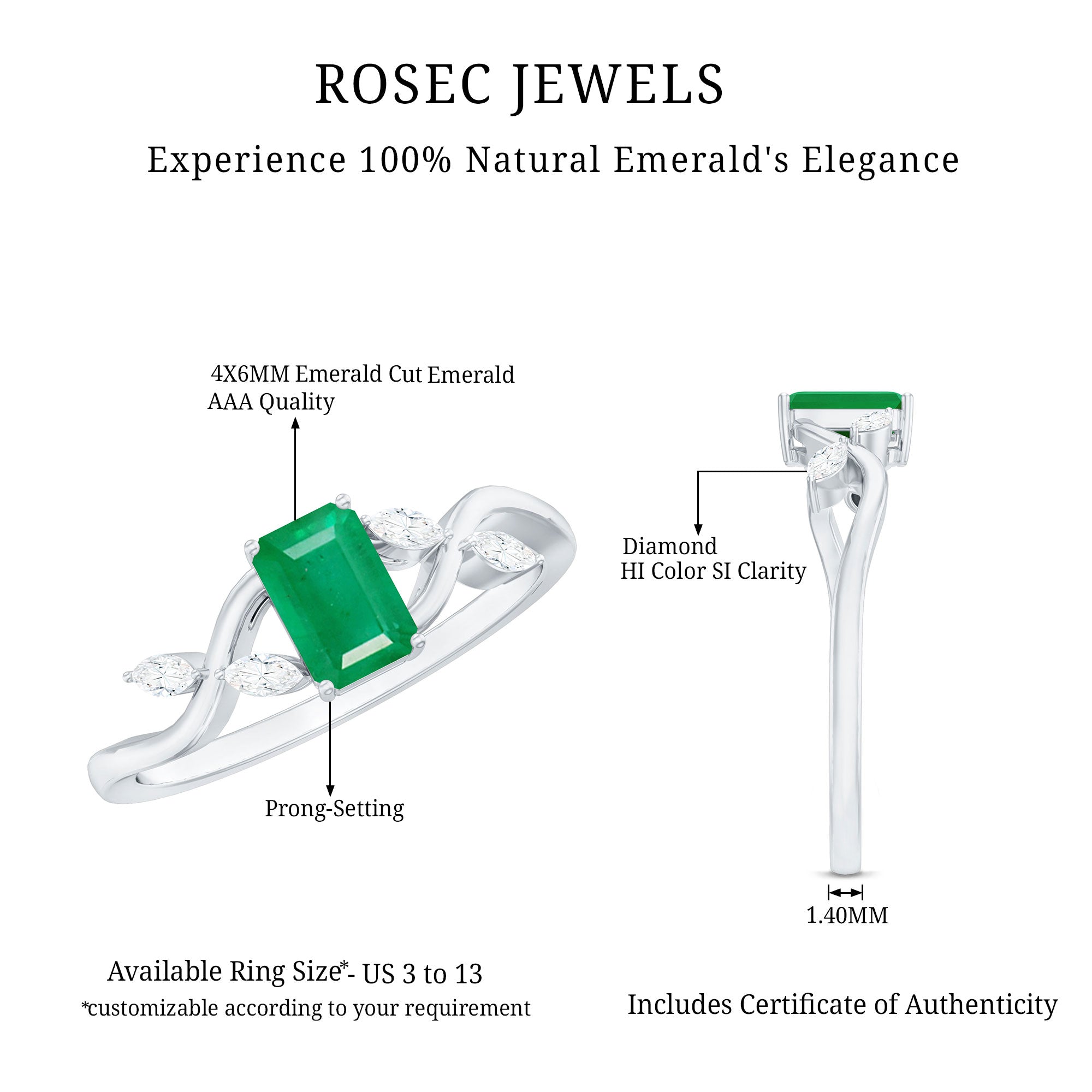 Rosec Jewels-Natural Emerald Cut Emerald Designer Engagement Ring with Diamond