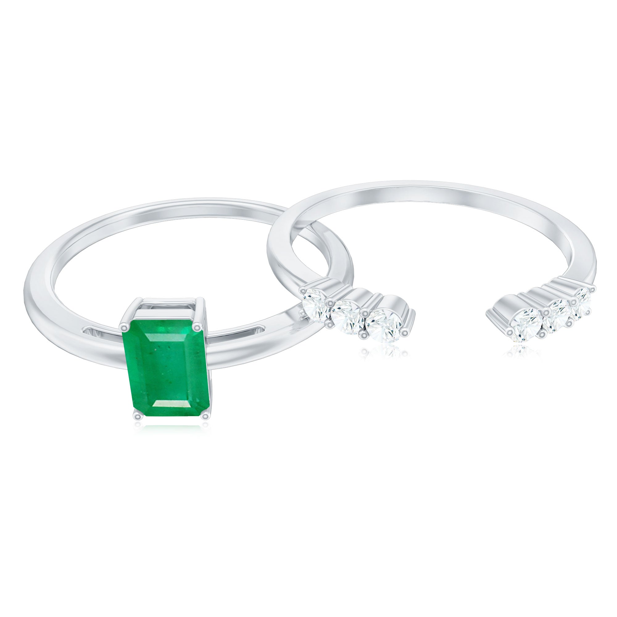 Rosec Jewels-Natural Emerald Cut Emerald Diamond Engagement Wedding Ring Set of 2