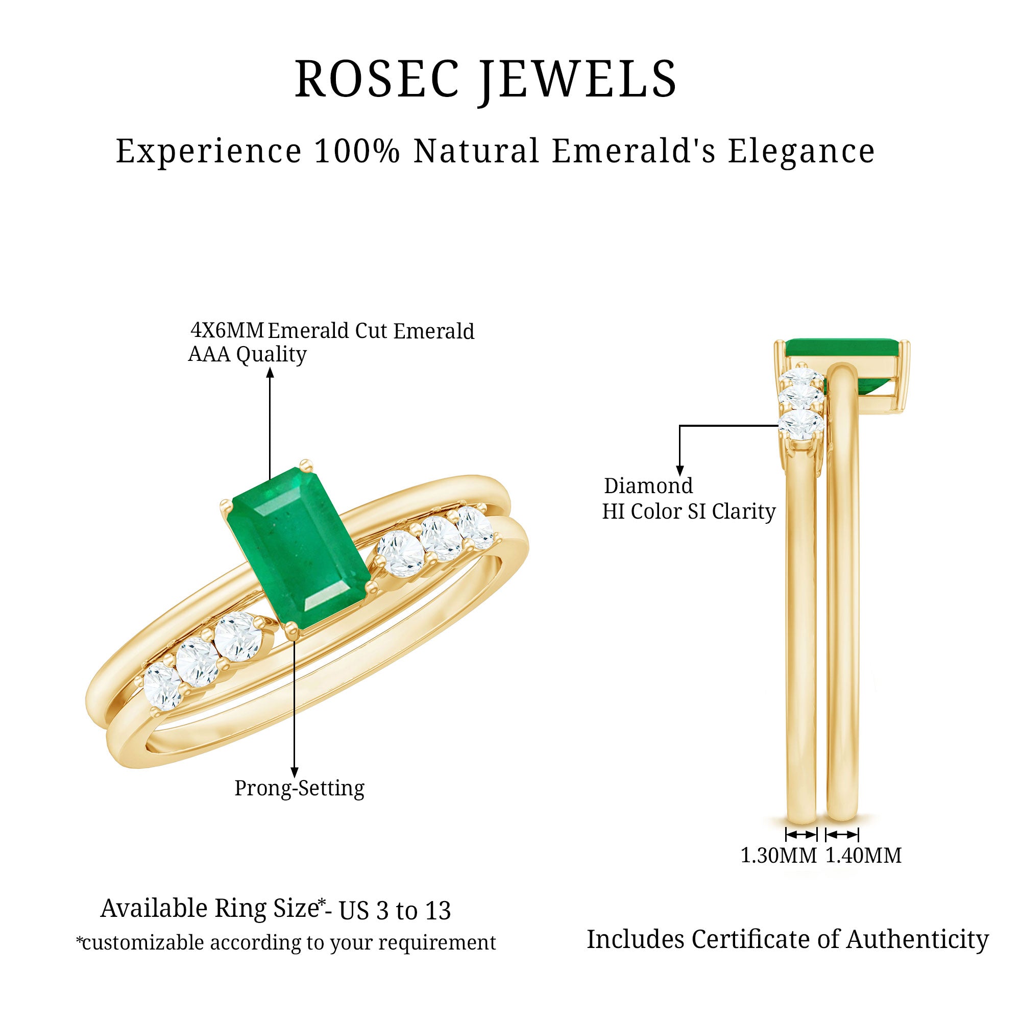 Rosec Jewels-Natural Emerald Cut Emerald Diamond Engagement Wedding Ring Set of 2