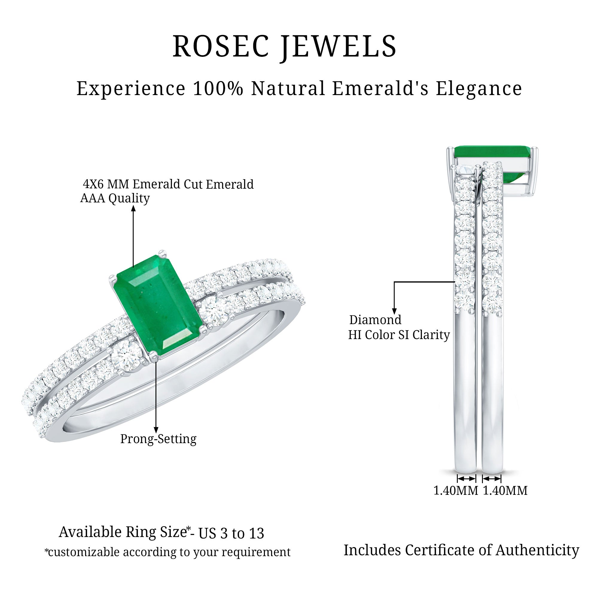 Rosec Jewels-Genuine Emerald Diamond Emerald Cut Engagement Ring and Wedding Band Set