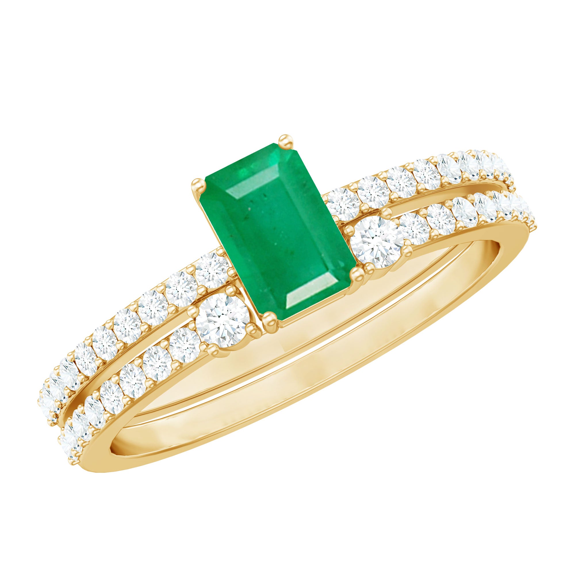 Rosec Jewels-Genuine Emerald Diamond Emerald Cut Engagement Ring and Wedding Band Set
