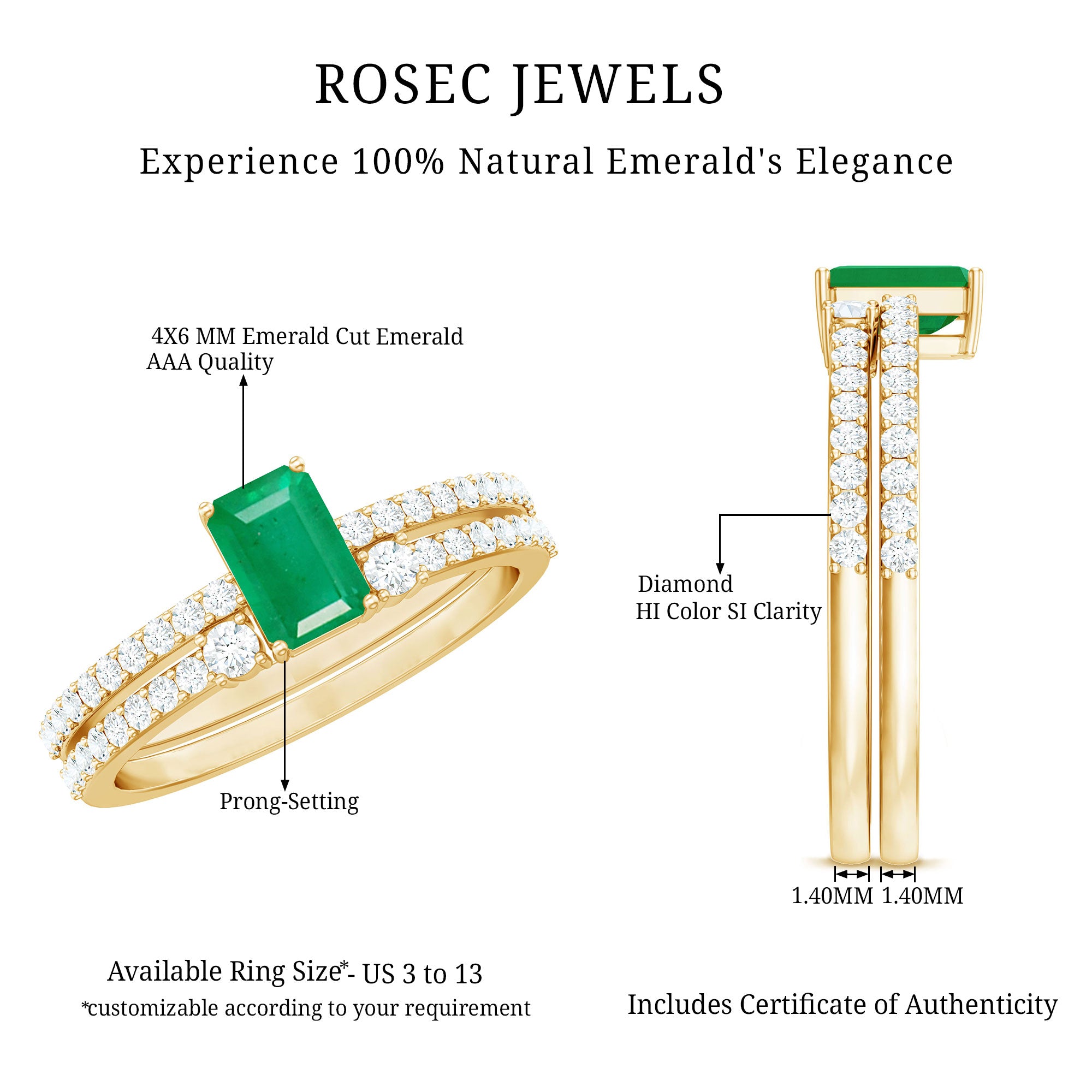 Rosec Jewels-Genuine Emerald Diamond Emerald Cut Engagement Ring and Wedding Band Set