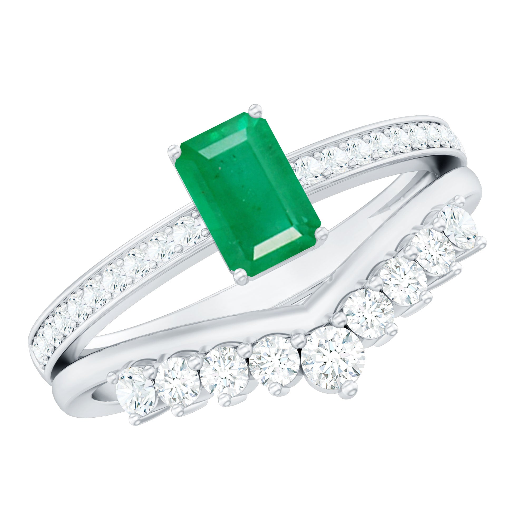 Natural Emerald Diamond Emerald Cut Engagement Ring with Curved Wedding Band