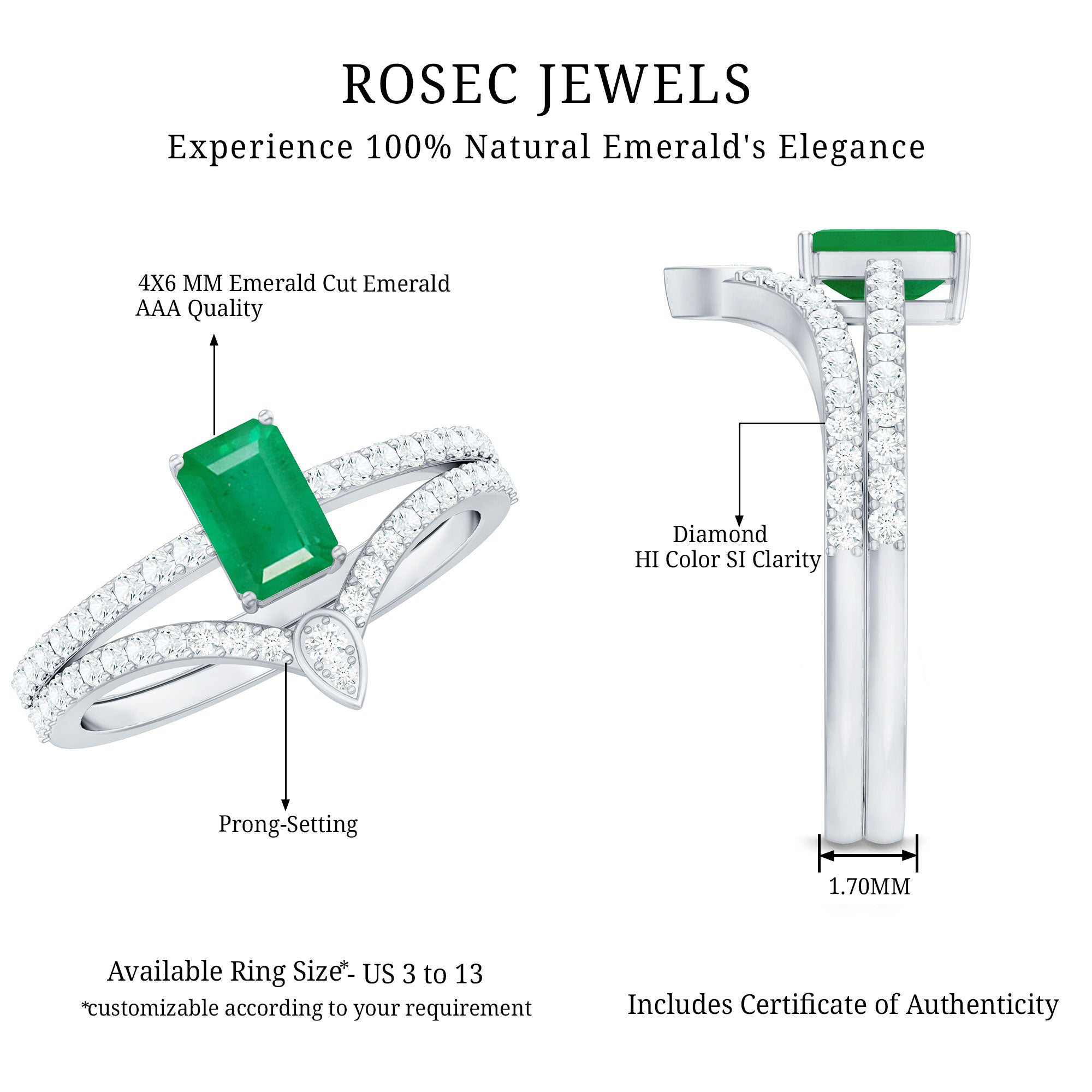 Rosec Jewels-Certified Natural Emerald Diamond Emerald Cut Engagement Ring Wedding Band Set