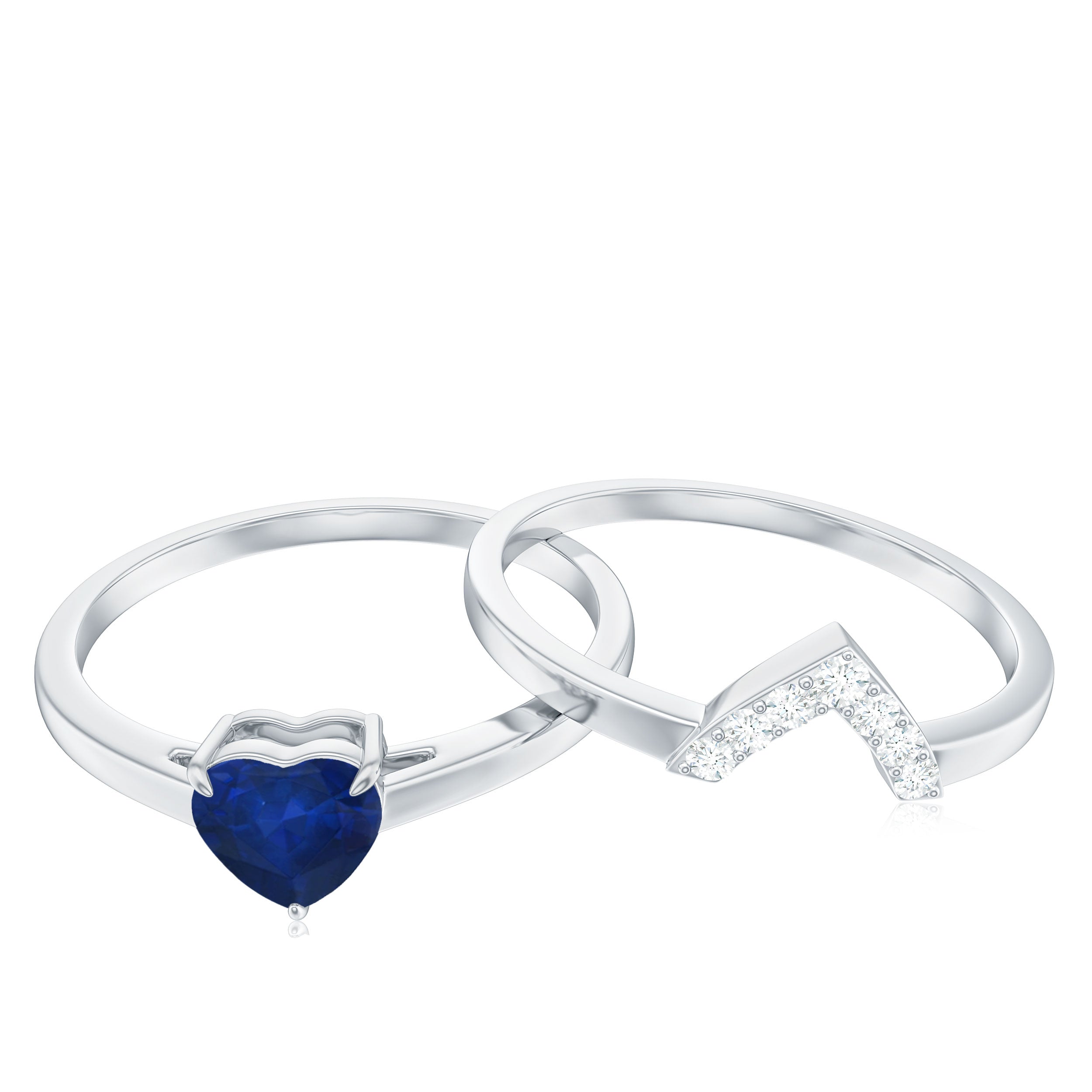 Rosec Jewels-3/4 CT Heart Shape Blue Sapphire Solitaire Ring Set with Diamond Chevron Band