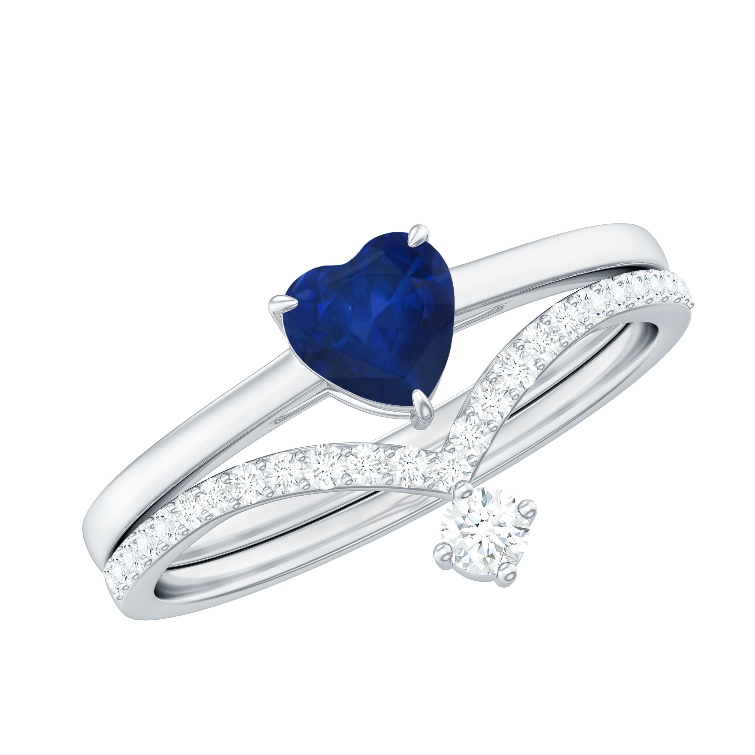 Rosec Jewels-Heart Shape Blue Sapphire Solitaire Wedding Ring Set with Diamond