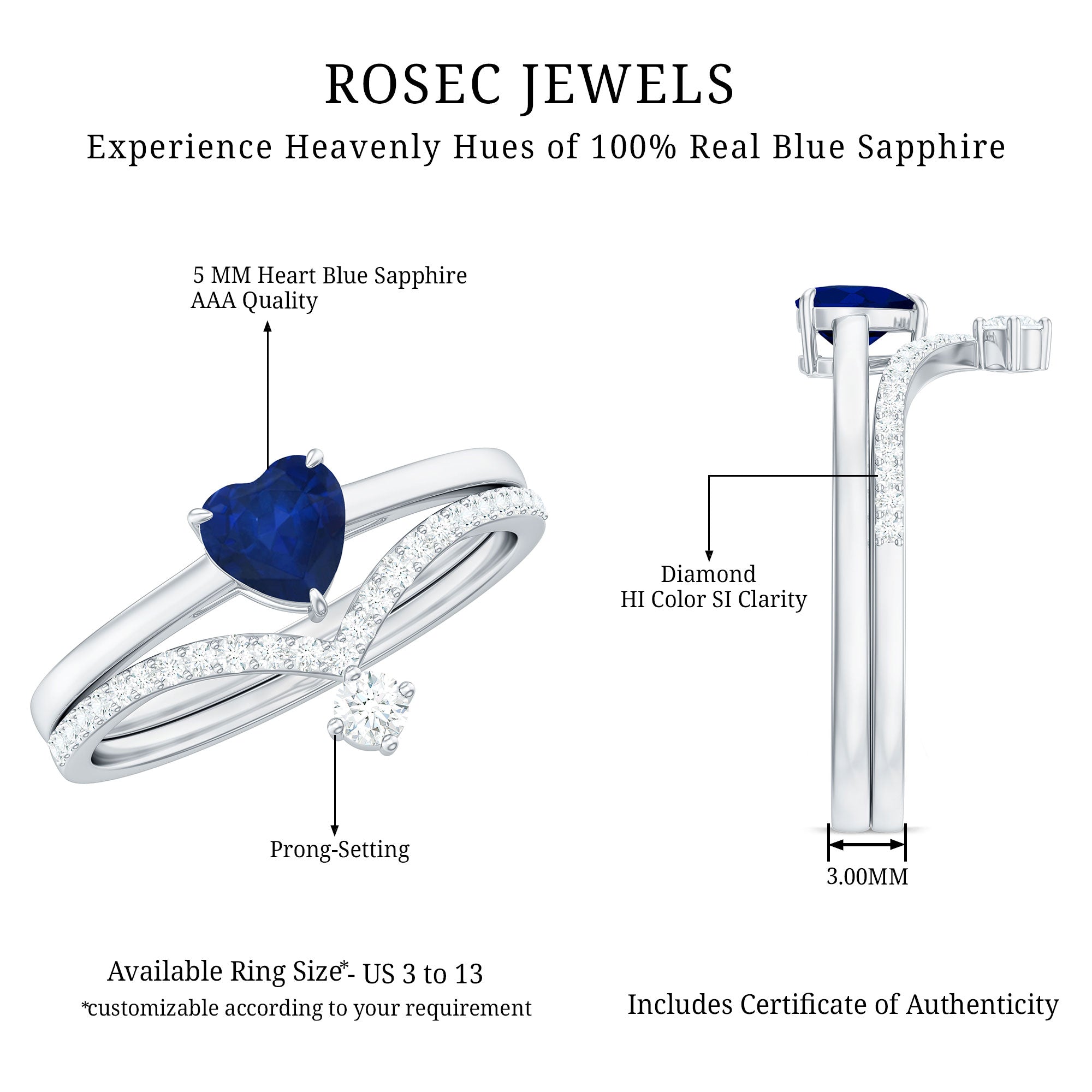 Rosec Jewels-Heart Shape Blue Sapphire Solitaire Wedding Ring Set with Diamond