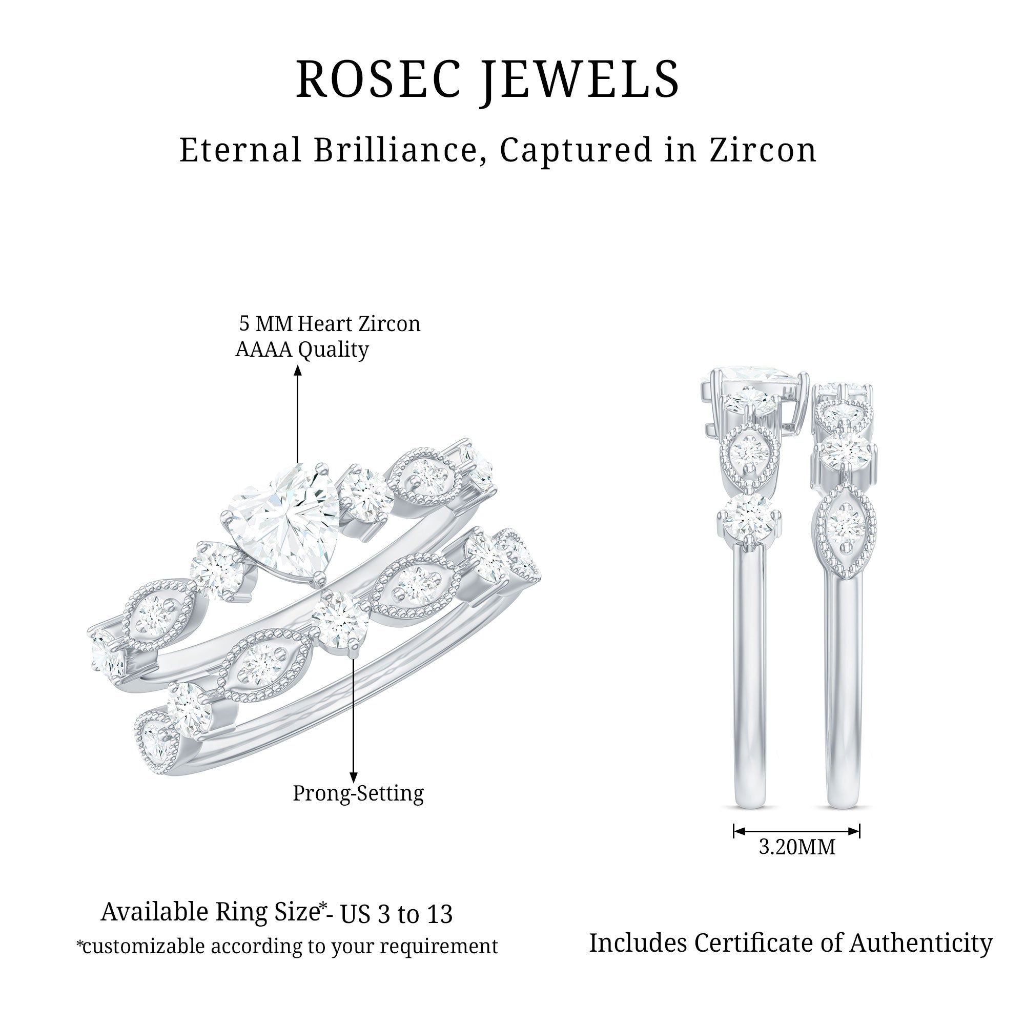 Zircon Bridal Wedding Ring Set with Matching Band AAAA - Rosec Jewels