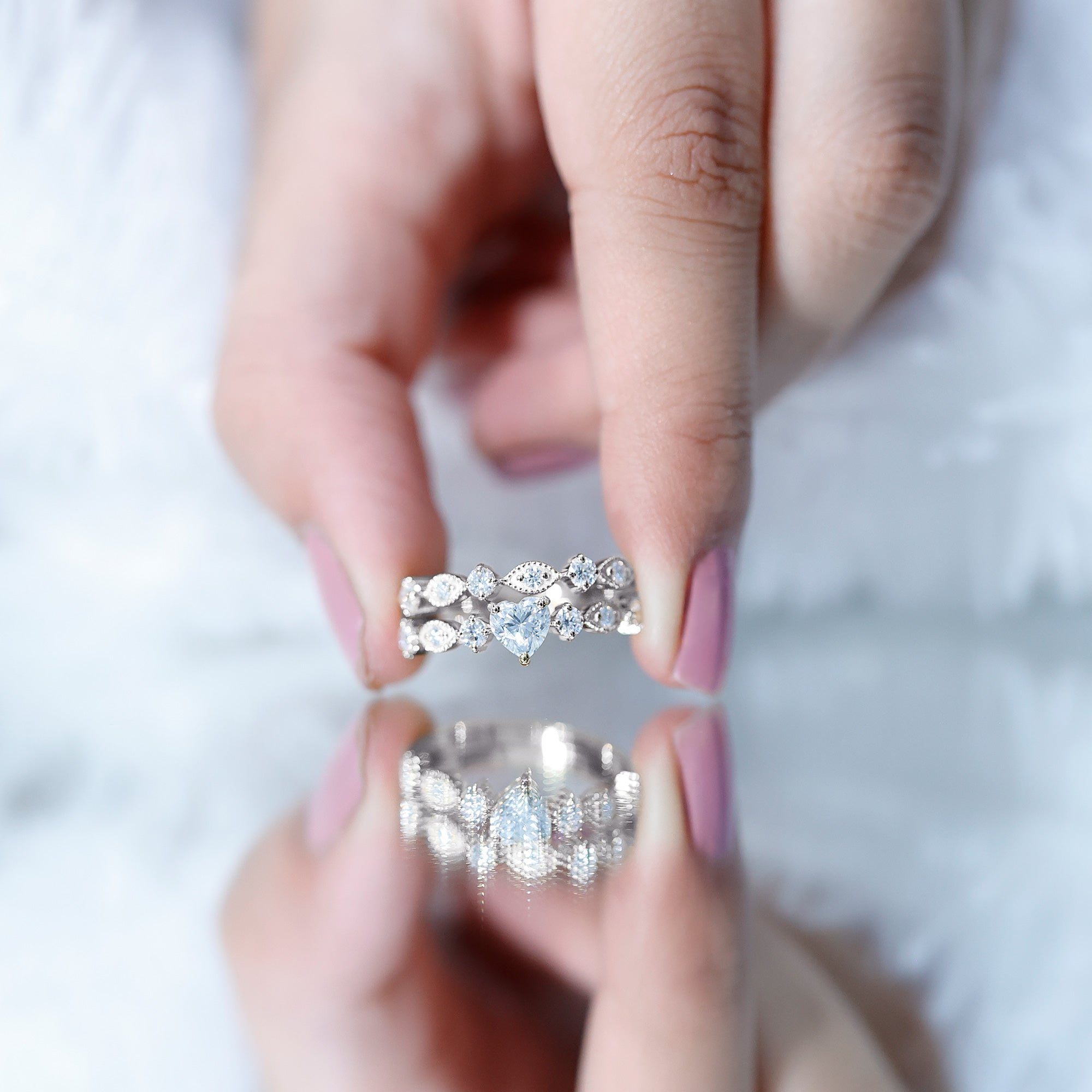 Zircon Bridal Wedding Ring Set with Matching Band AAAA - Rosec Jewels