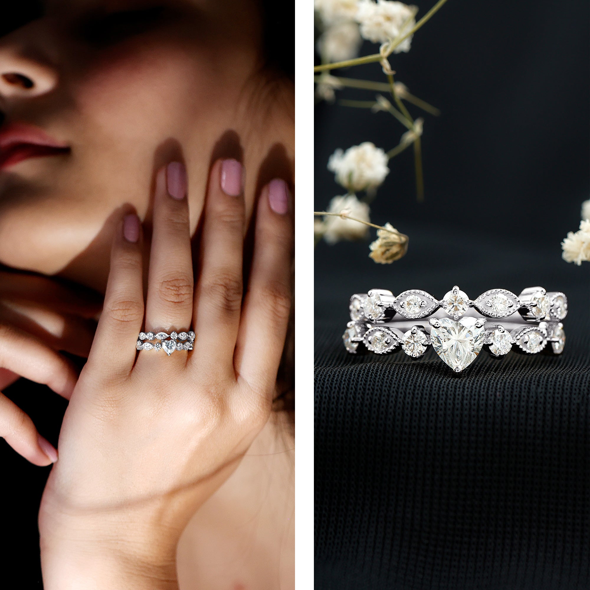 Zircon Bridal Wedding Ring Set with Matching Band AAAA - Rosec Jewels