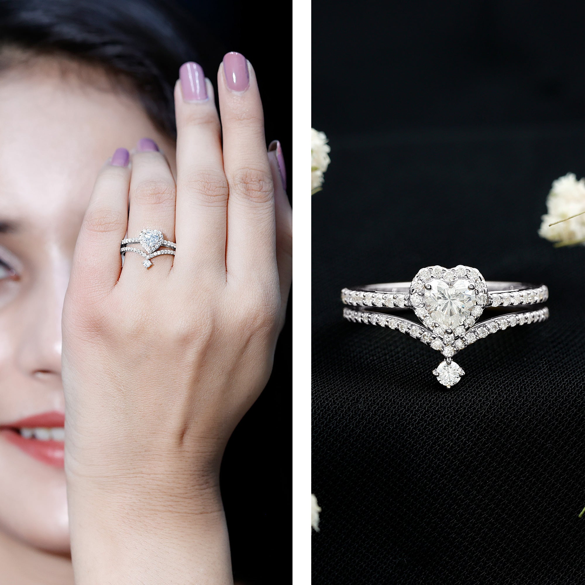 Cubic Zirconia Heart Ring Set with V Shape Band AAAA - Rosec Jewels
