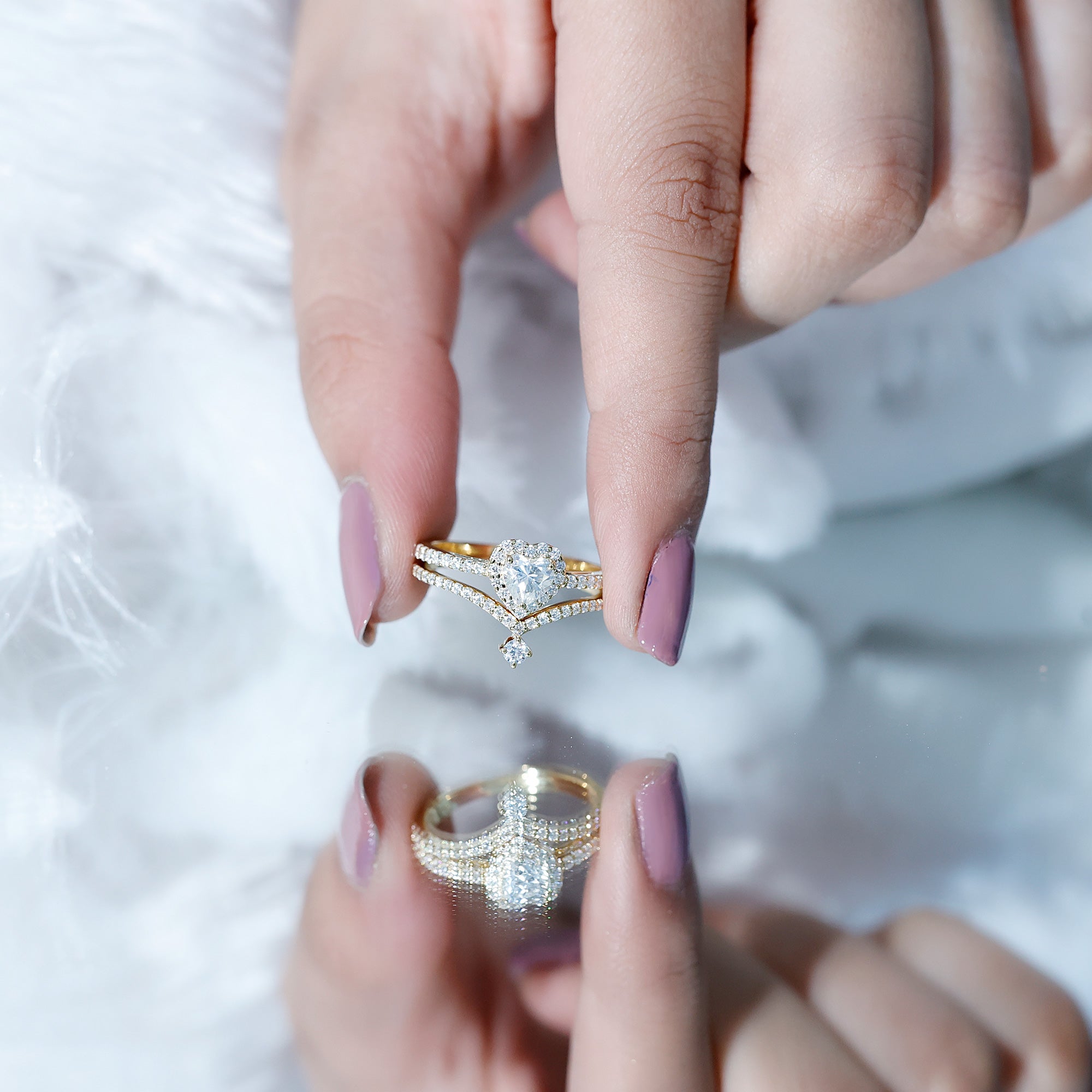 Rosec Jewels-Cubic Zirconia Heart Ring Set with V Shape Band