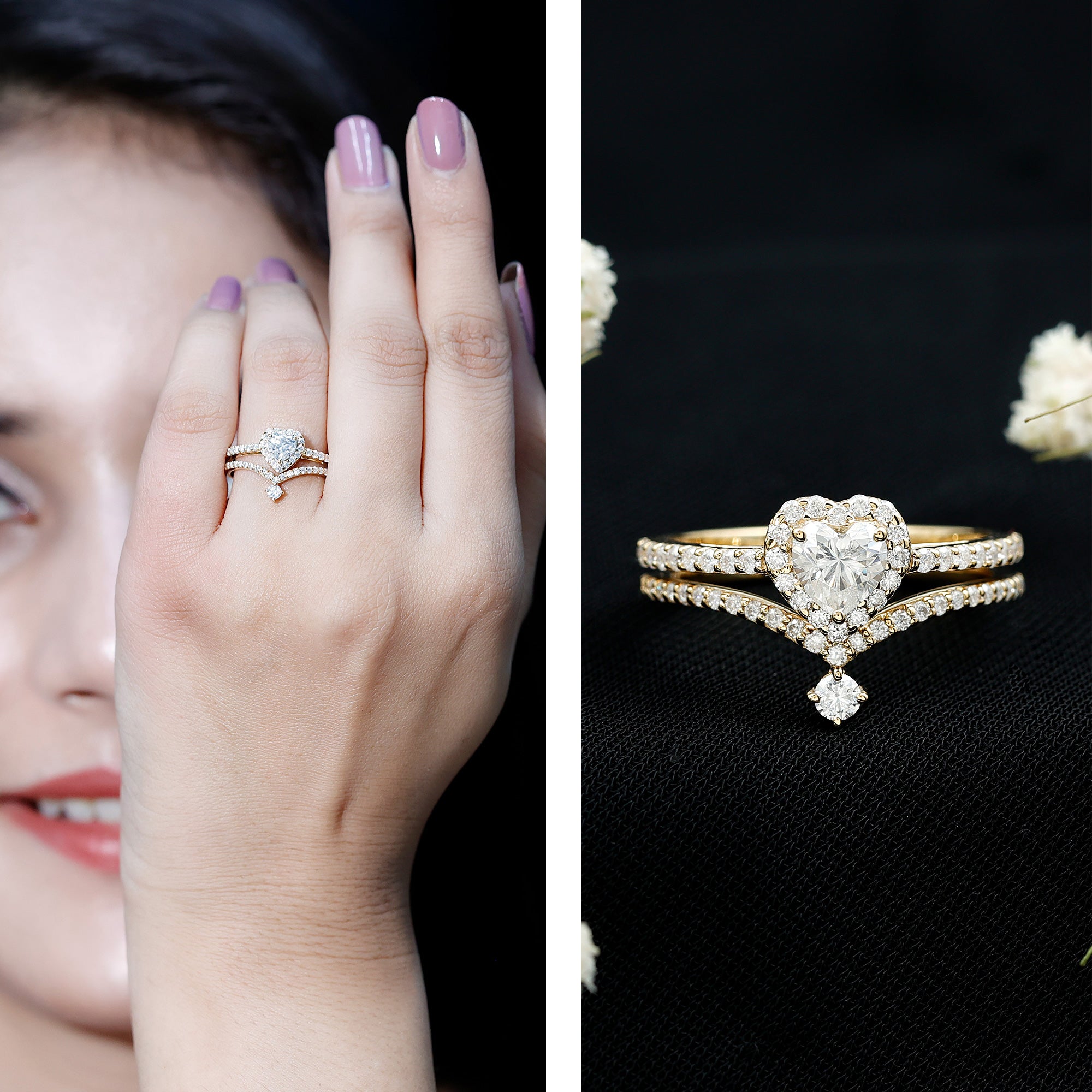 Rosec Jewels-Cubic Zirconia Heart Ring Set with V Shape Band