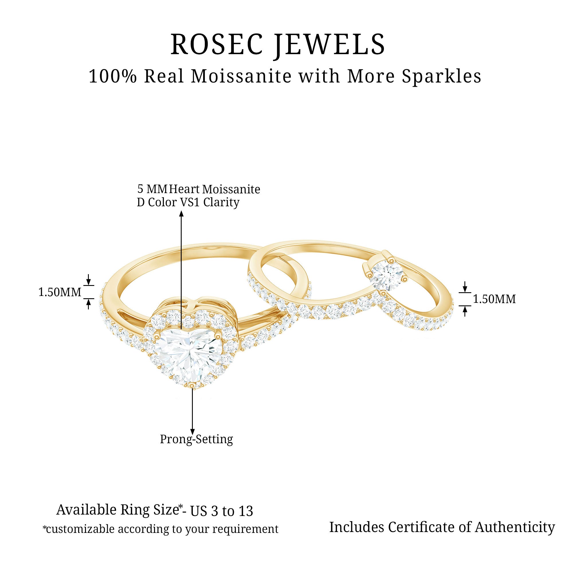 1.50 CT Certified Moissanite Heart Wedding Ring Set in Gold Moissanite - ( D-VS1 ) - Color and Clarity - Rosec Jewels