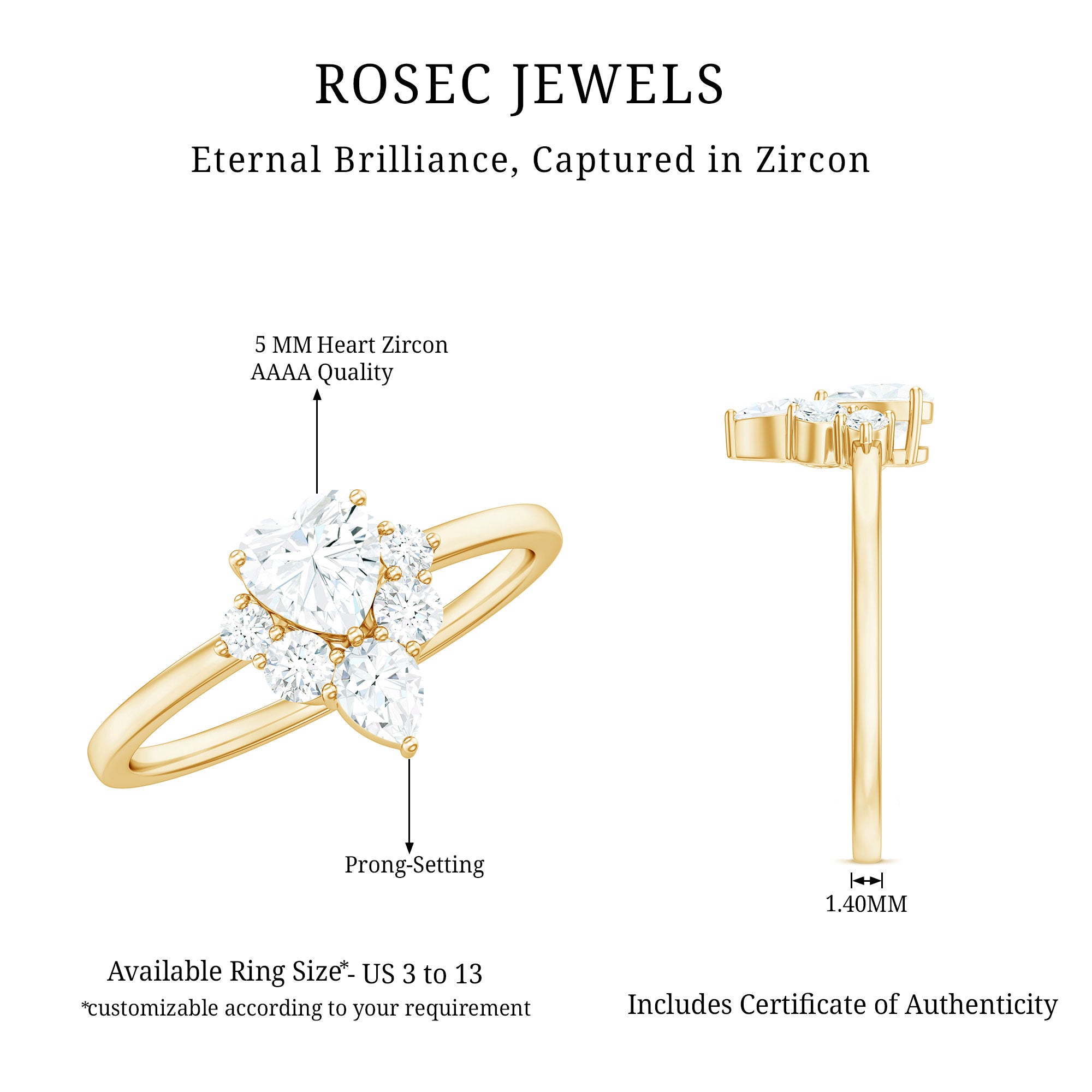 1 CT Cubic Zirconia Heart Engagement Ring with Side Stones AAAA - Rosec Jewels