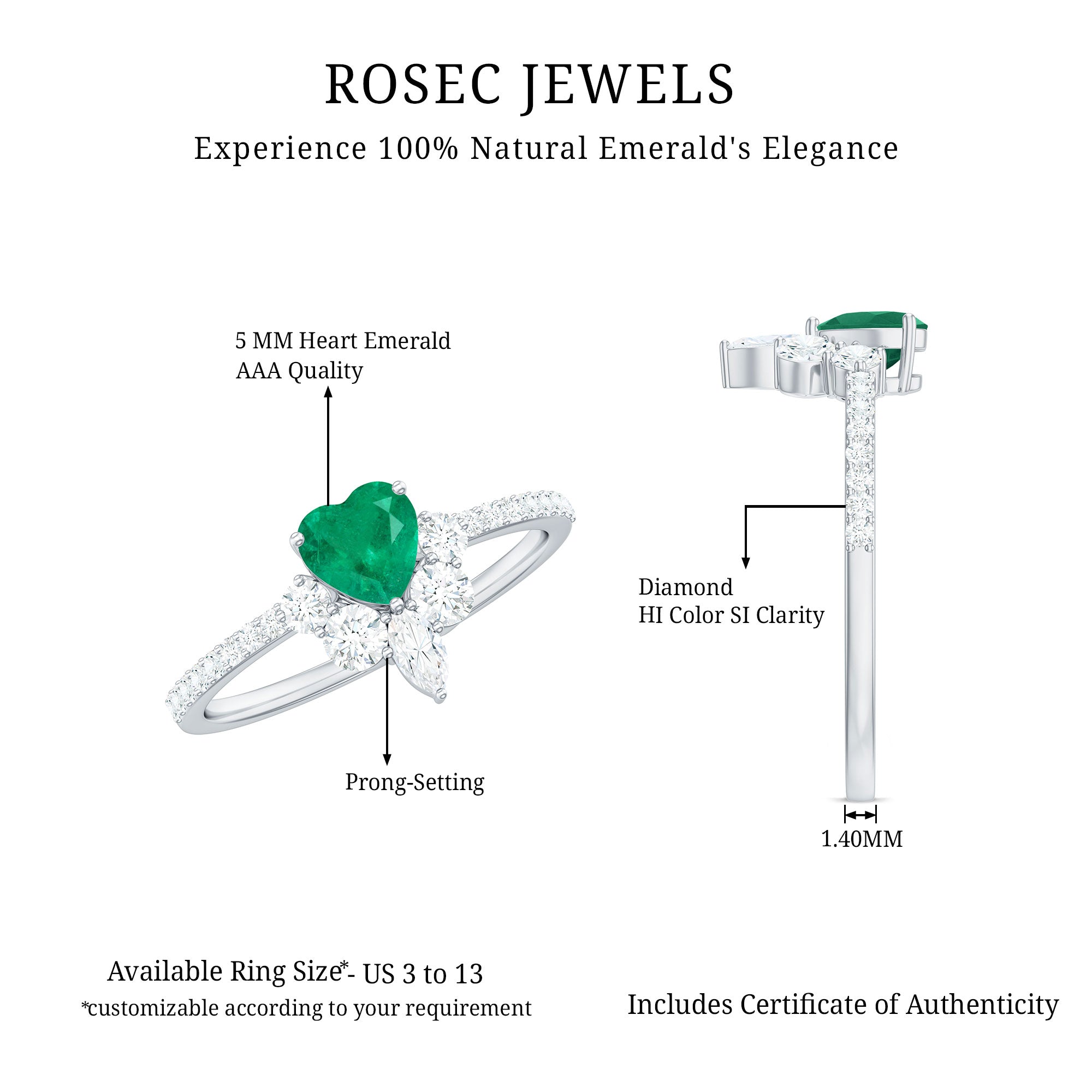 Rosec Jewels-Natural Emerald Heart Promise Ring with Diamond