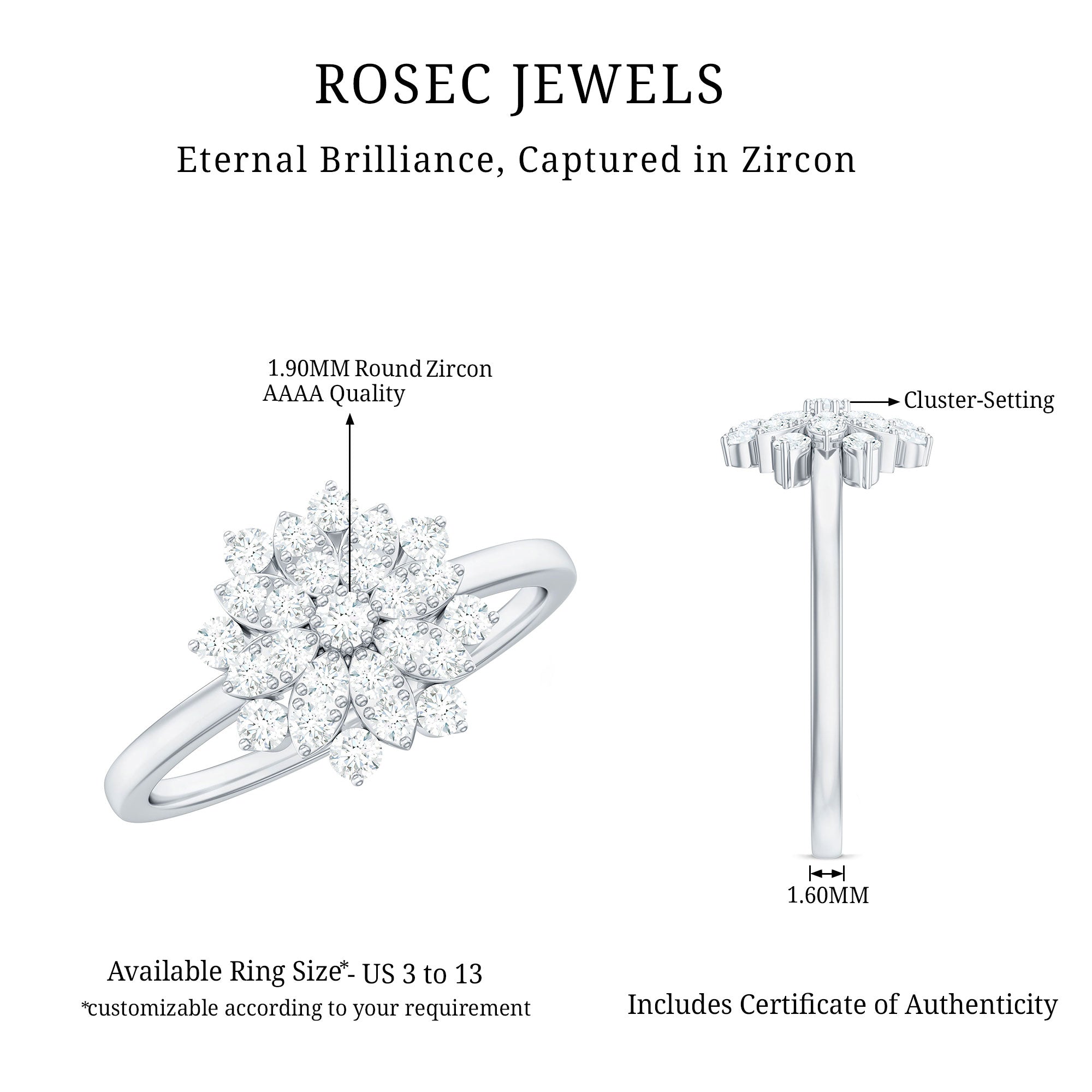 Certified Cubic Zirconia Flower Cluster Engagement Ring AAAA - Rosec Jewels