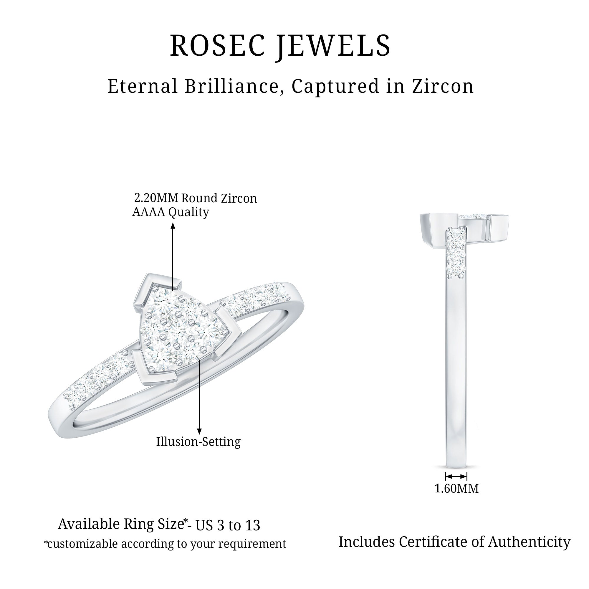 1/2 CT Round Cubic Zirconia Triangular Engagement Ring AAAA - Rosec Jewels