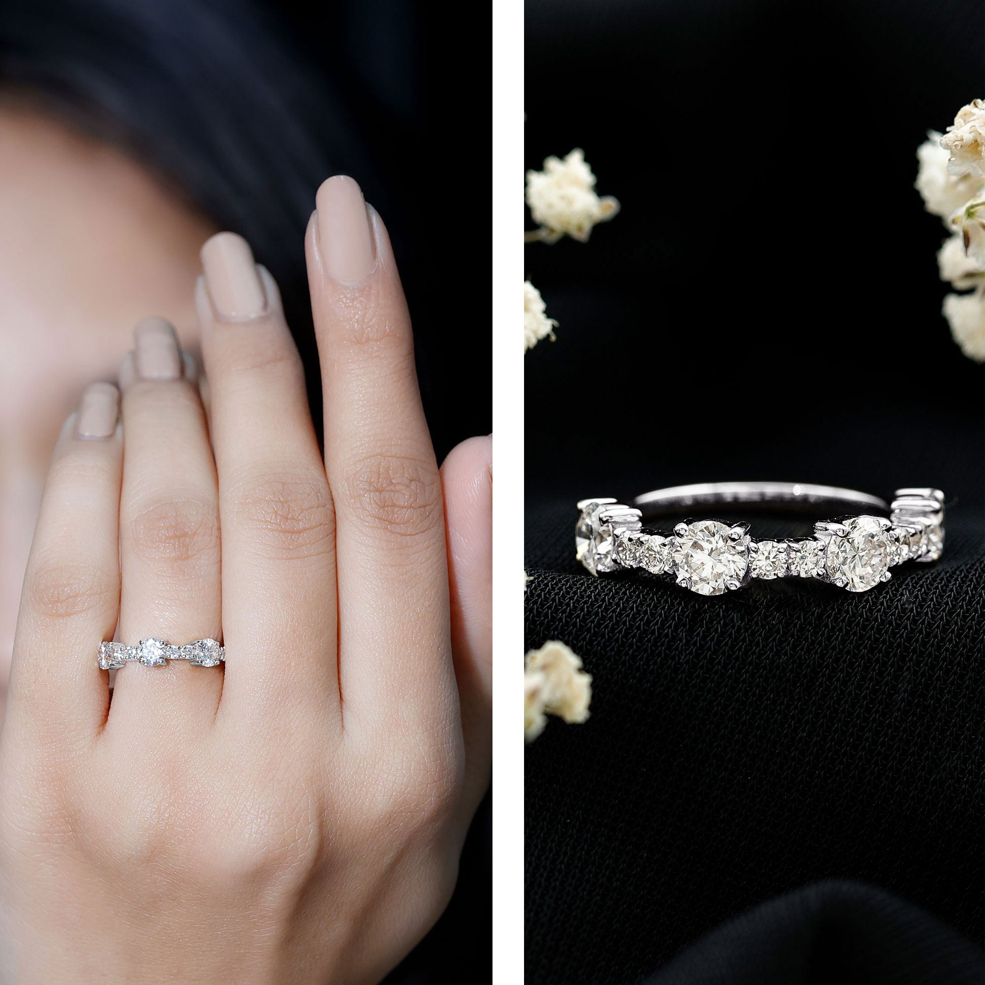 Rosec Jewels-Round Moissanite Half Eternity Wedding Band
