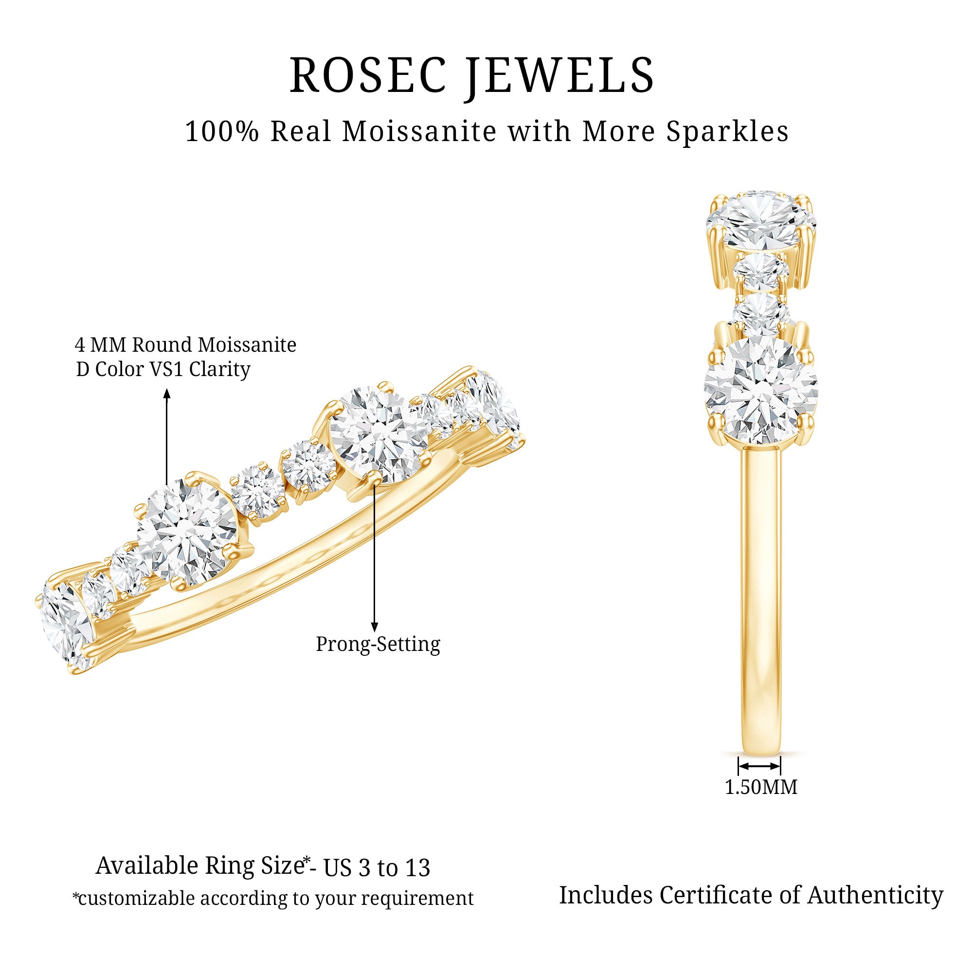 Rosec Jewels-Round Moissanite Half Eternity Wedding Band