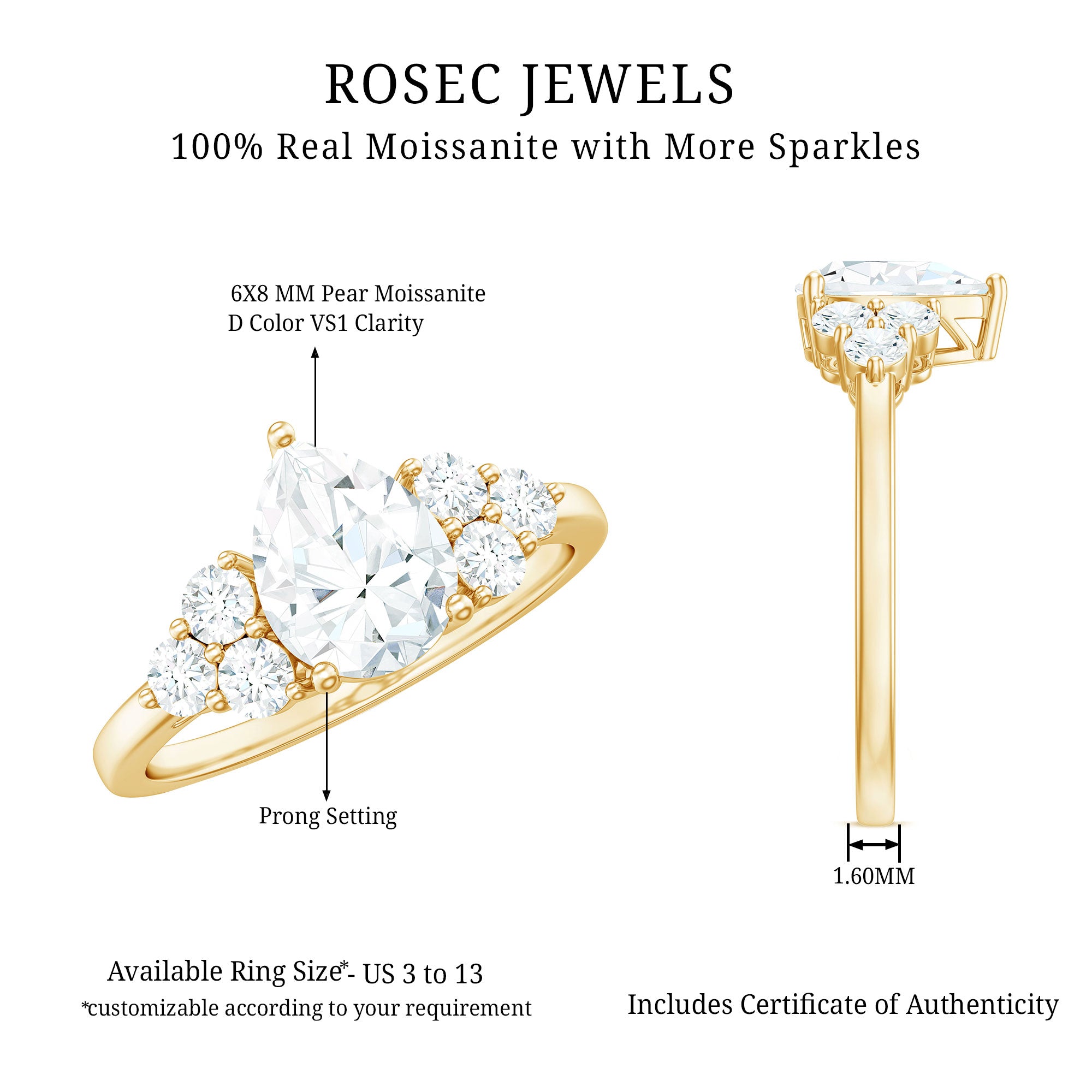 Certified 1.3 Carat Moissanite Pear Engagement Ring with Trio D-VS1 - Rosec Jewels