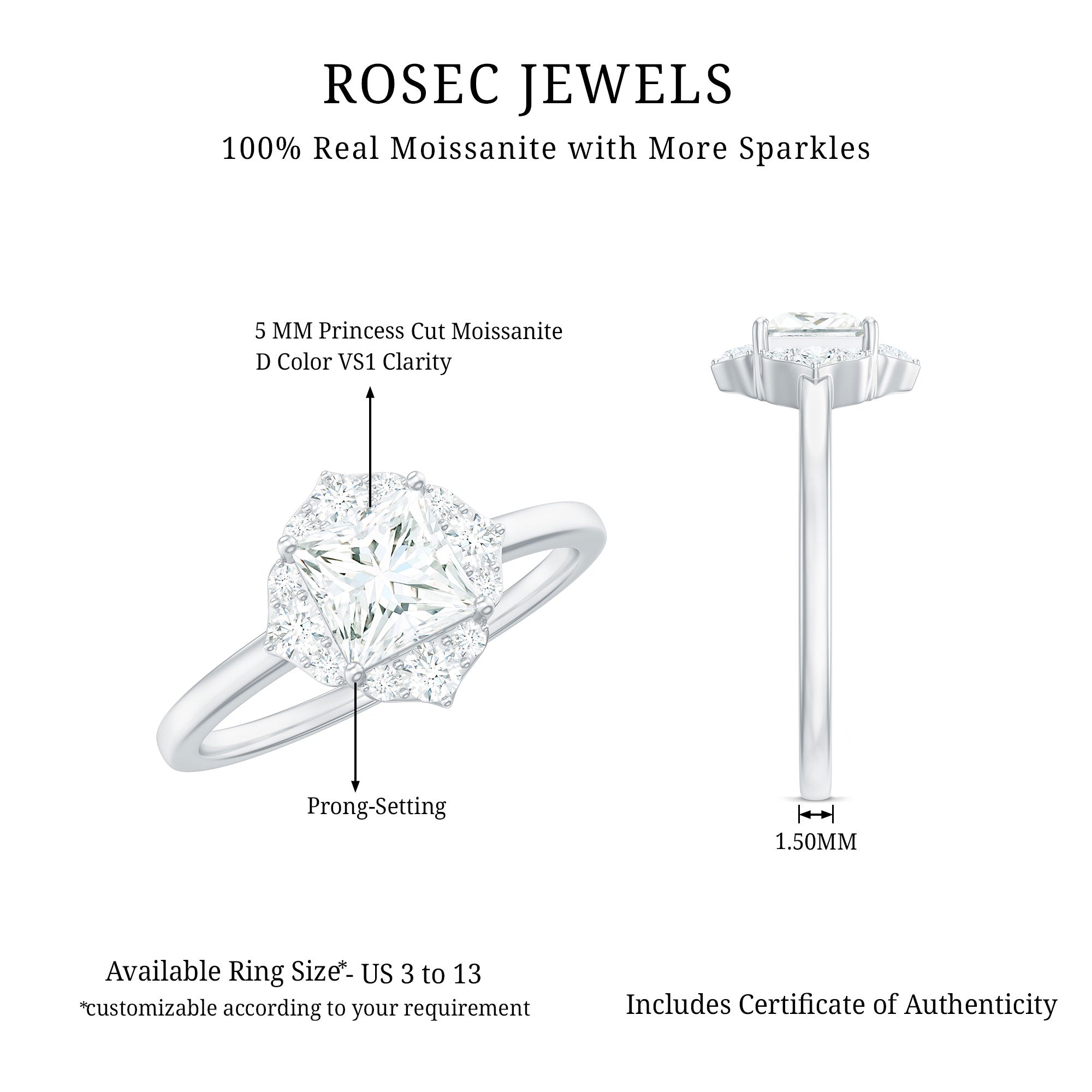 Rosec Jewels-Princess Cut Moissanite Floral Engagement Ring for Women