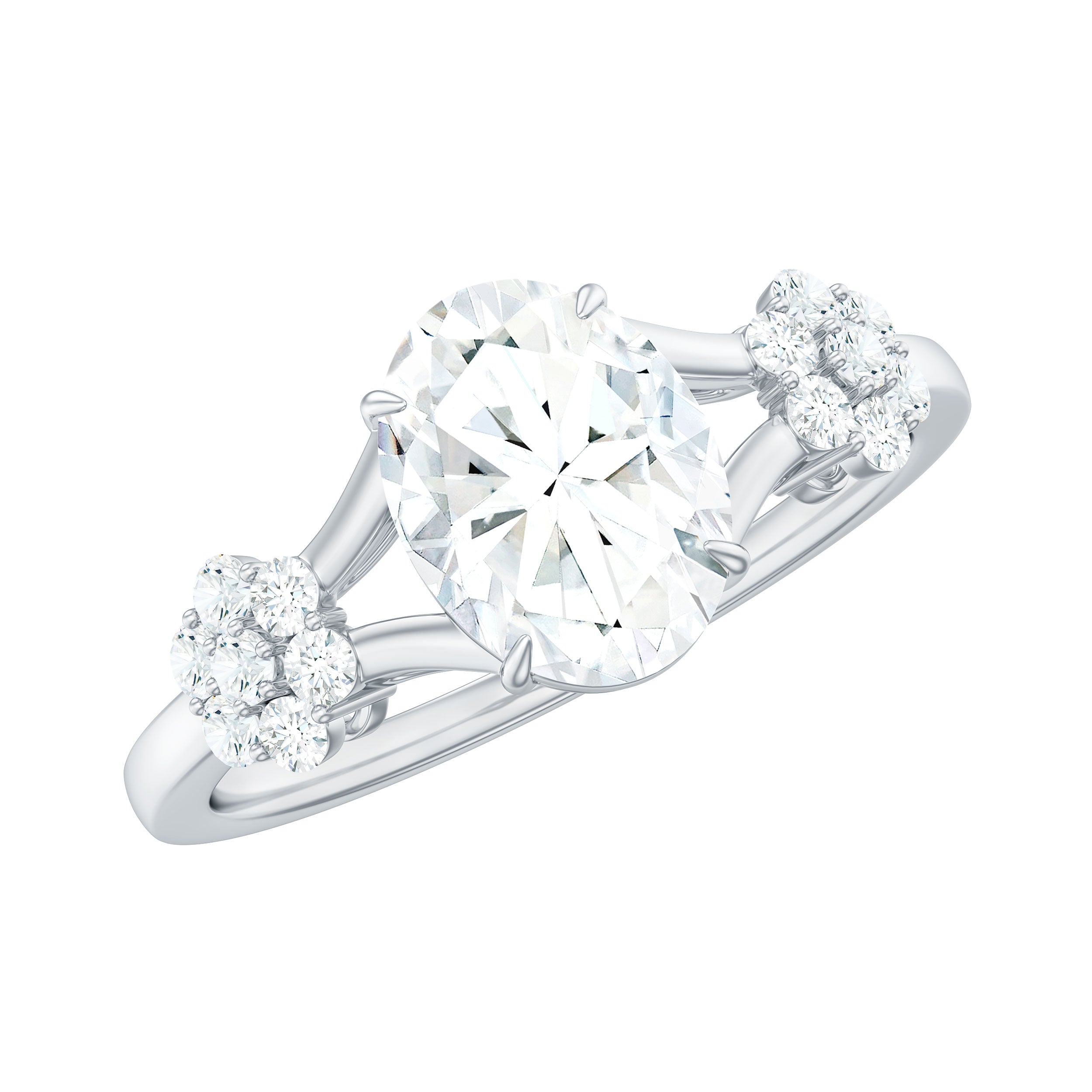 Rosec Jewels-Oval Cut Moissanite Flower Engagement Ring in Split Shank
