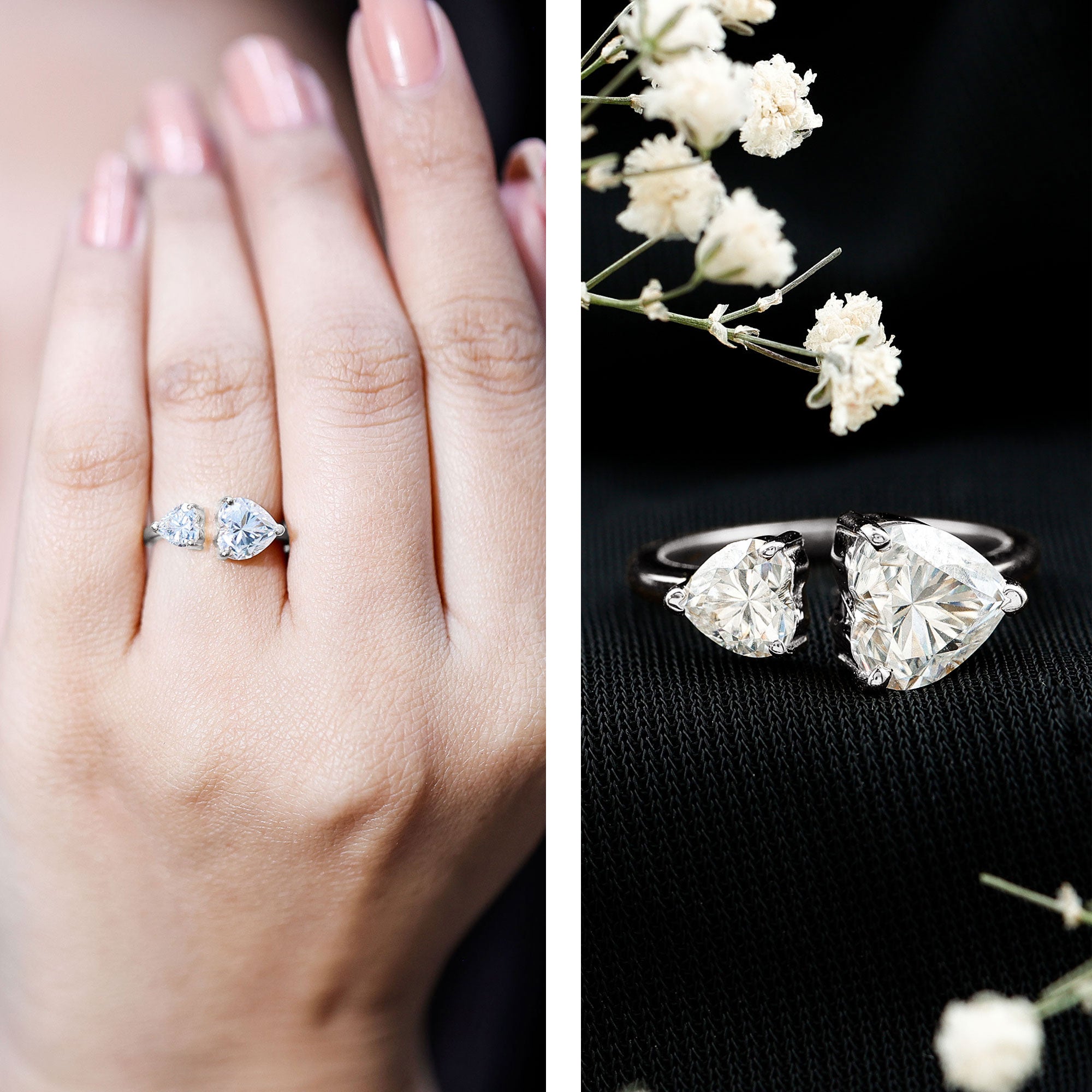 Rosec Jewels-Heart Shape Moissanite Two Stone Cuff Ring