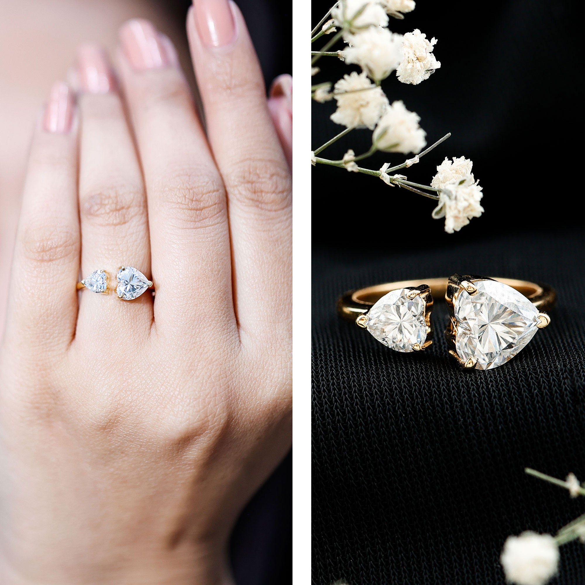 Rosec Jewels-Heart Shape Moissanite Two Stone Cuff Ring
