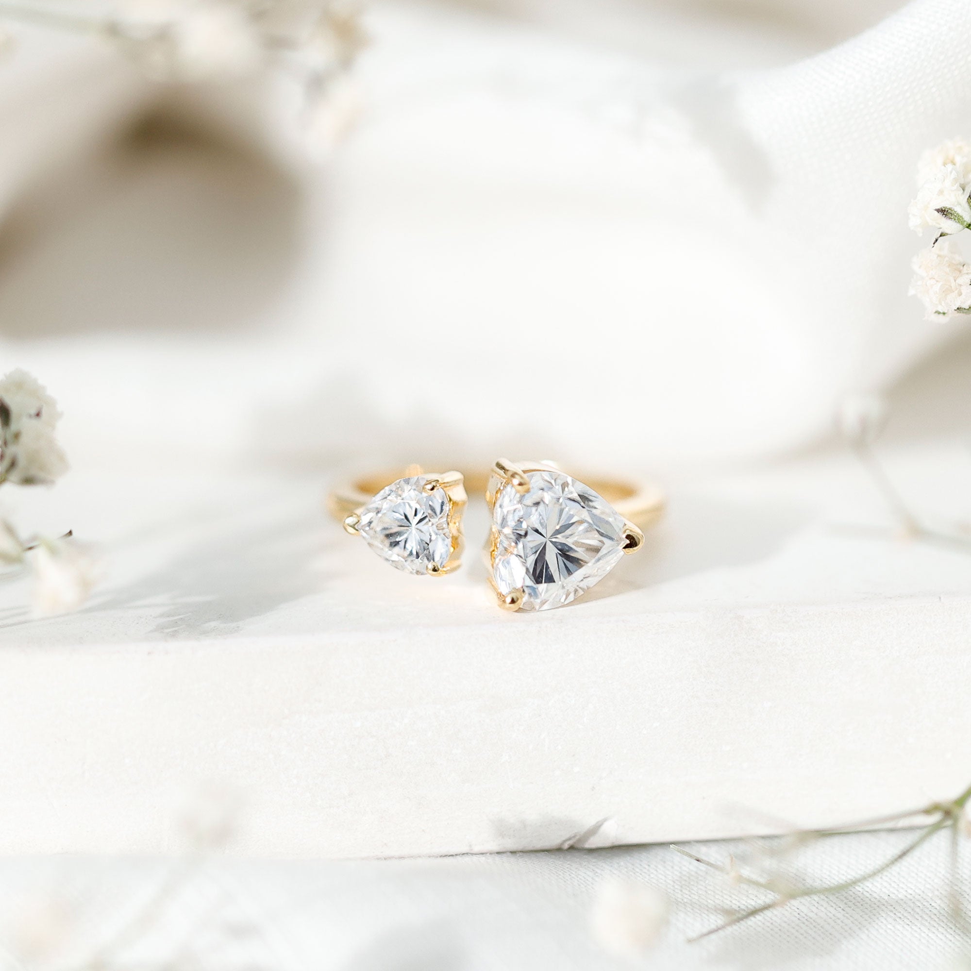 Rosec Jewels-Heart Shape Moissanite Two Stone Cuff Ring