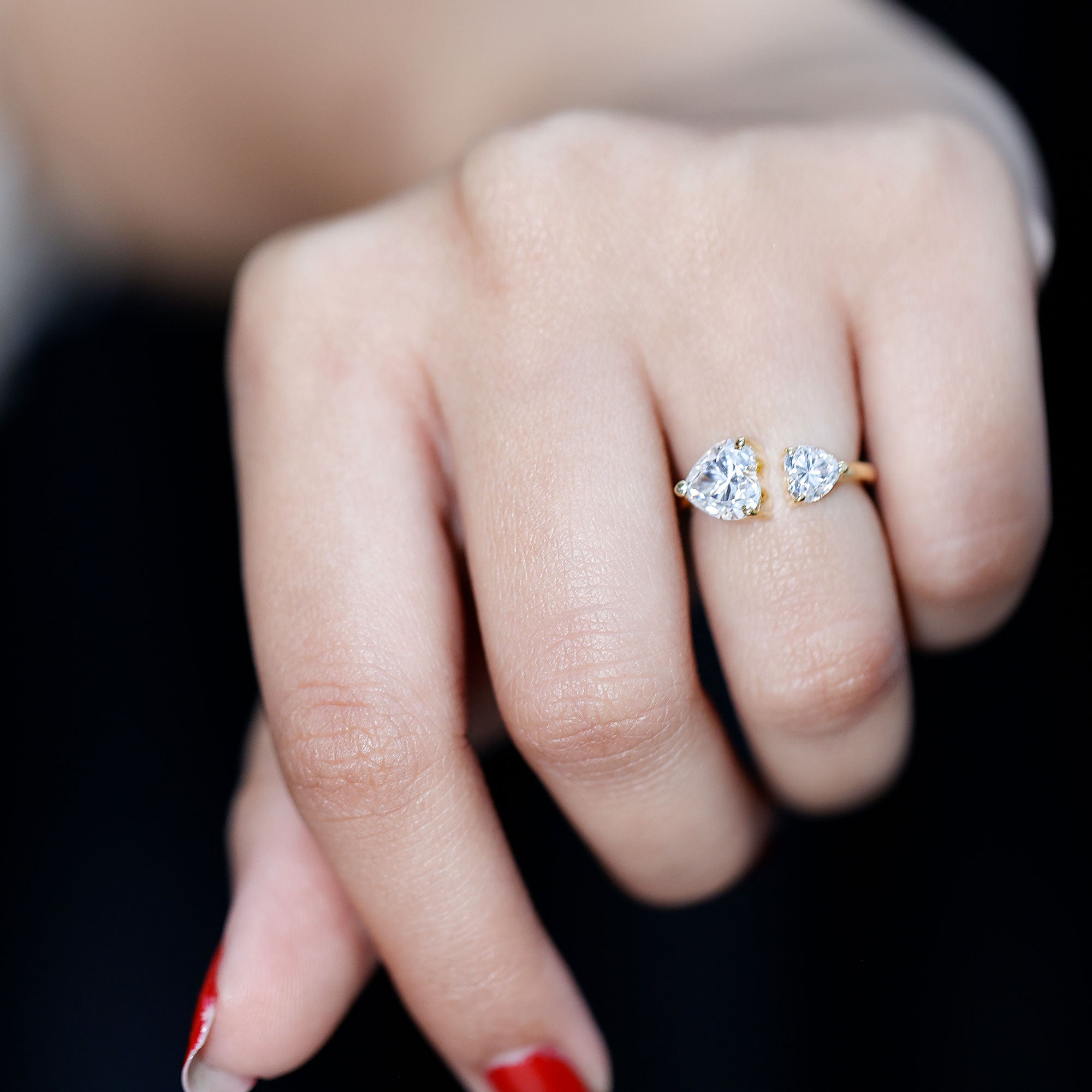 Rosec Jewels-Heart Shape Moissanite Two Stone Cuff Ring