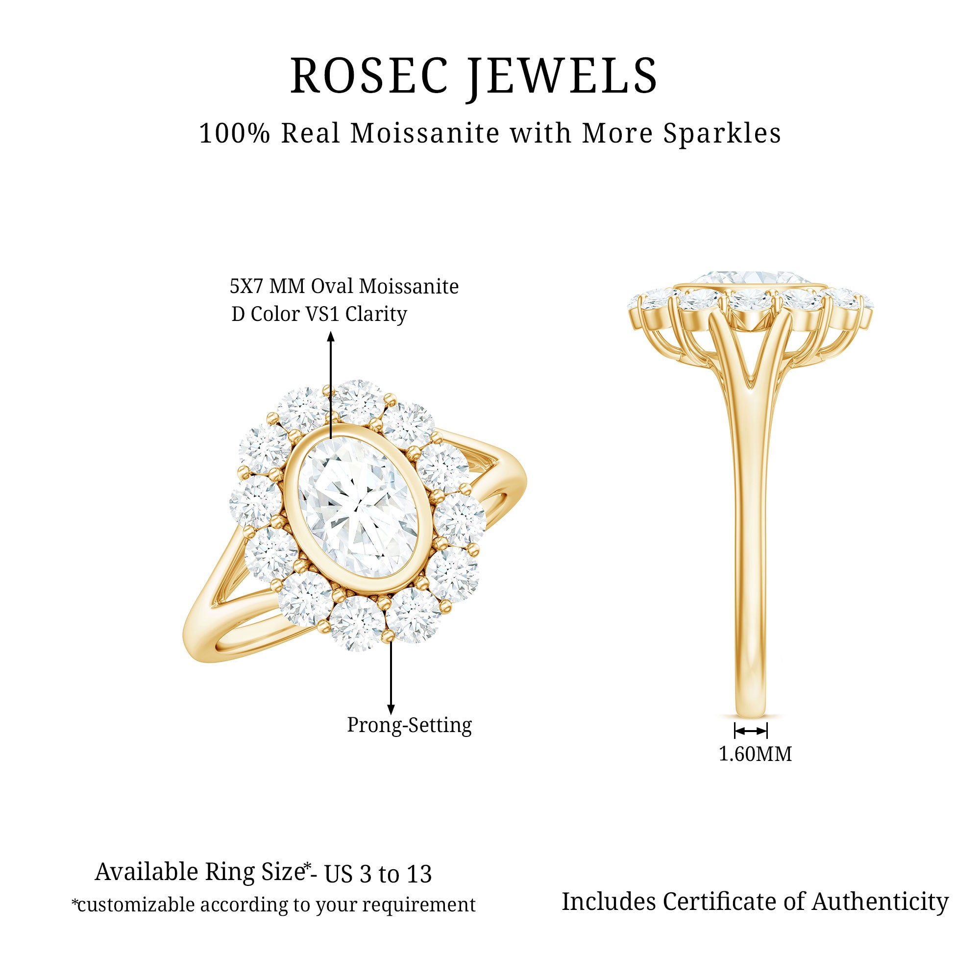 Rosec Jewels-Oval Cut Moissanite Halo Engagement Ring with Split Shank