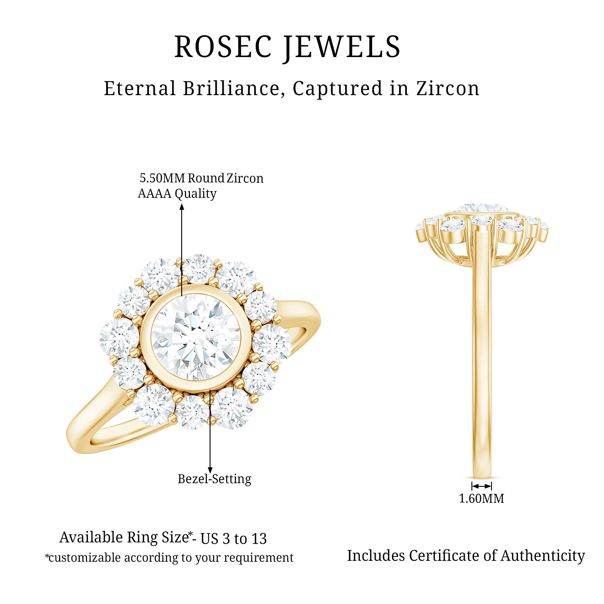 1.50 CT Bezel Set Zircon Statement Halo Engagement Ring AAAA - Rosec Jewels