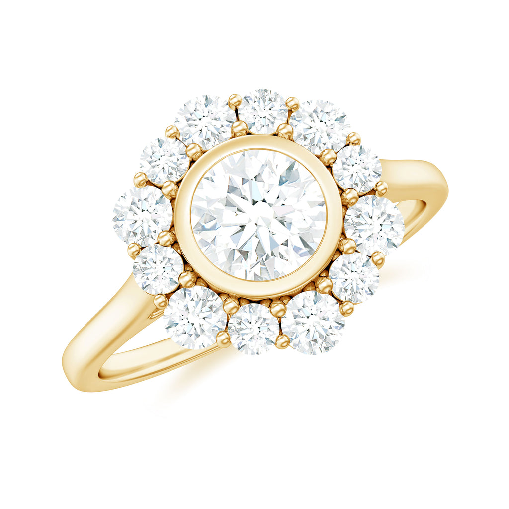 Round Moissanite Statement Engagement Ring with Halo Moissanite - ( D-VS1 ) - Color and Clarity - Rosec Jewels