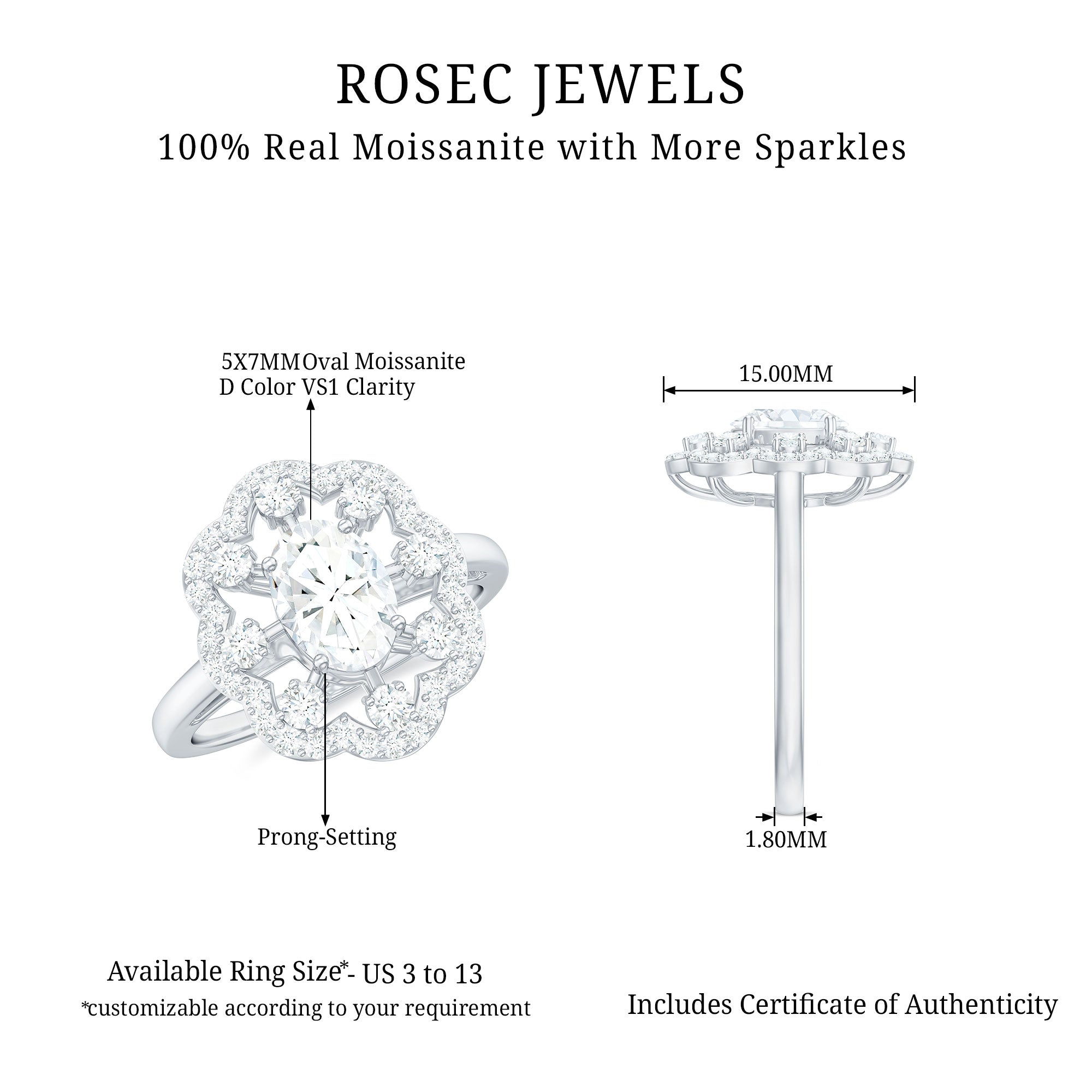 Rosec Jewels-Oval Shaped Moissanite Flower Engagement Ring