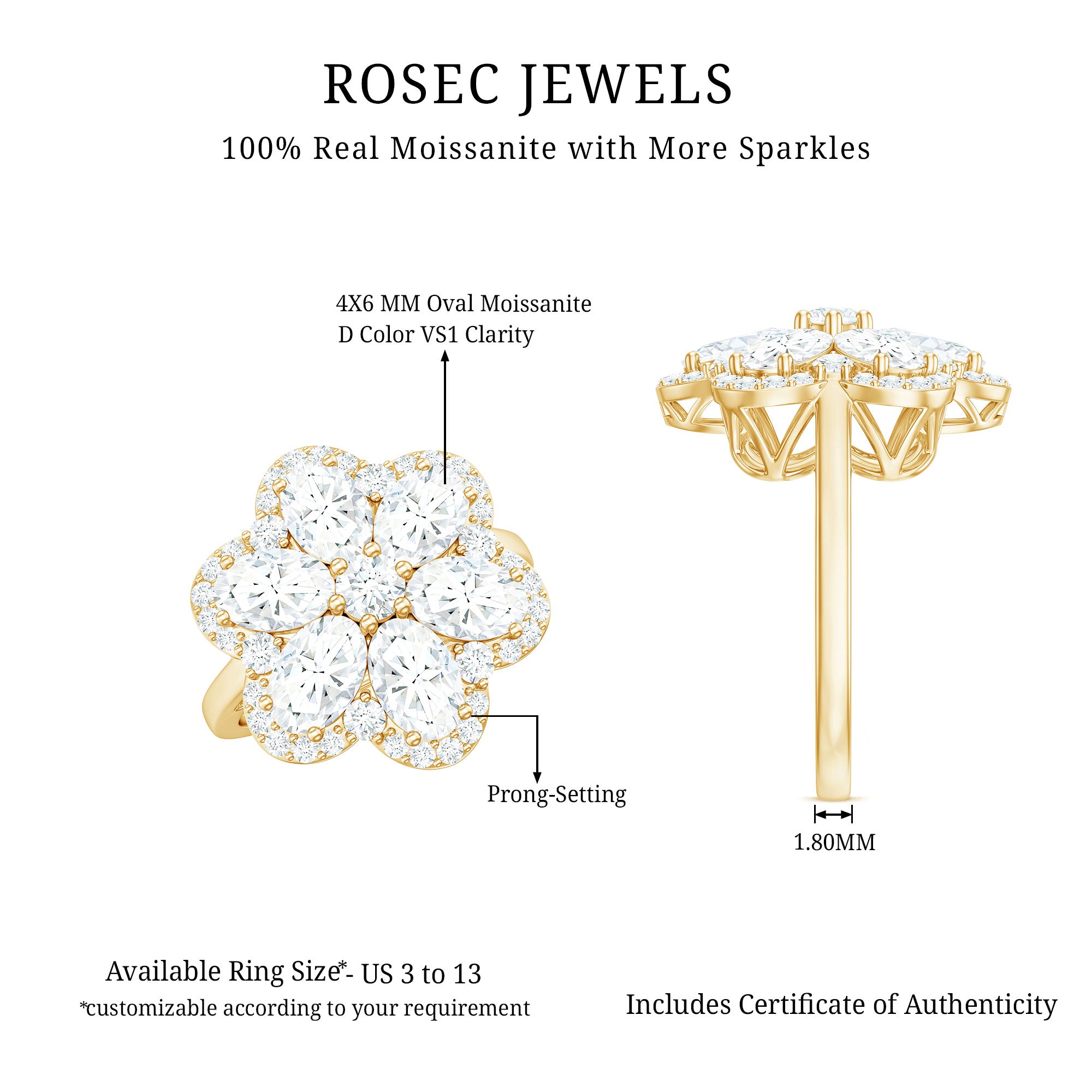 Certified Moissanite Huge Flower Engagement Ring D-VS1 - Rosec Jewels