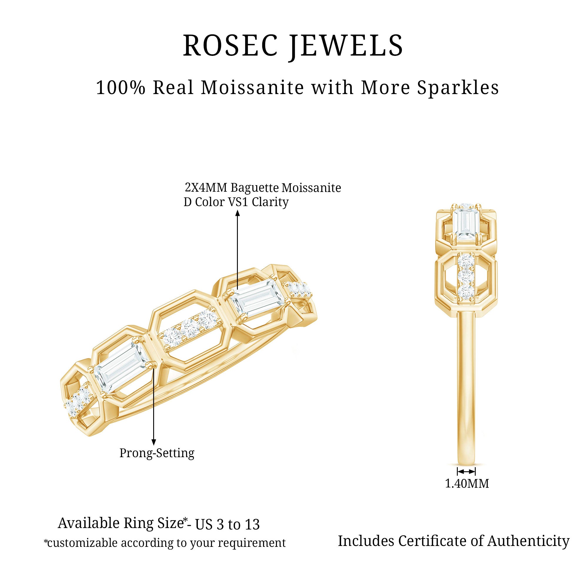 Certified Moissanite Geometric Half Eternity Ring D-VS1 - Rosec Jewels