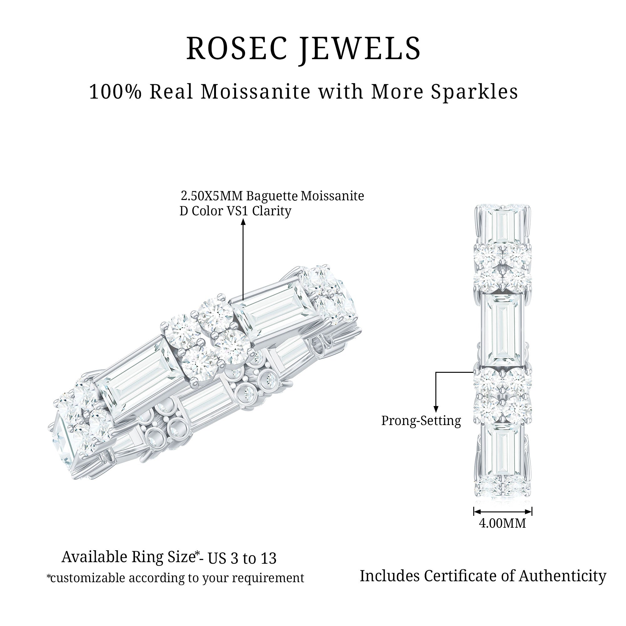 Rosec Jewels-Moissanite Round and Baguette Wedding Band