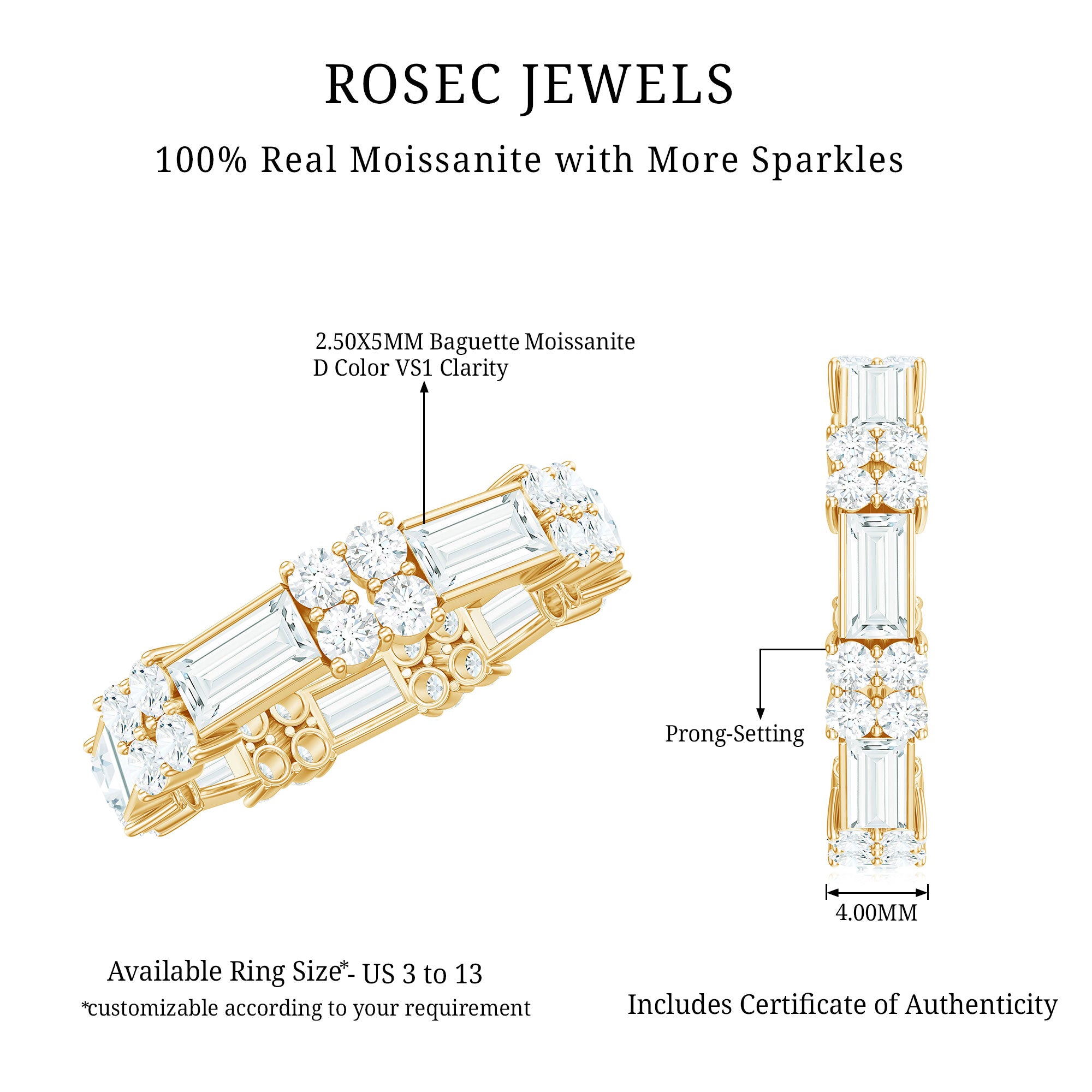 Rosec Jewels-Moissanite Round and Baguette Wedding Band